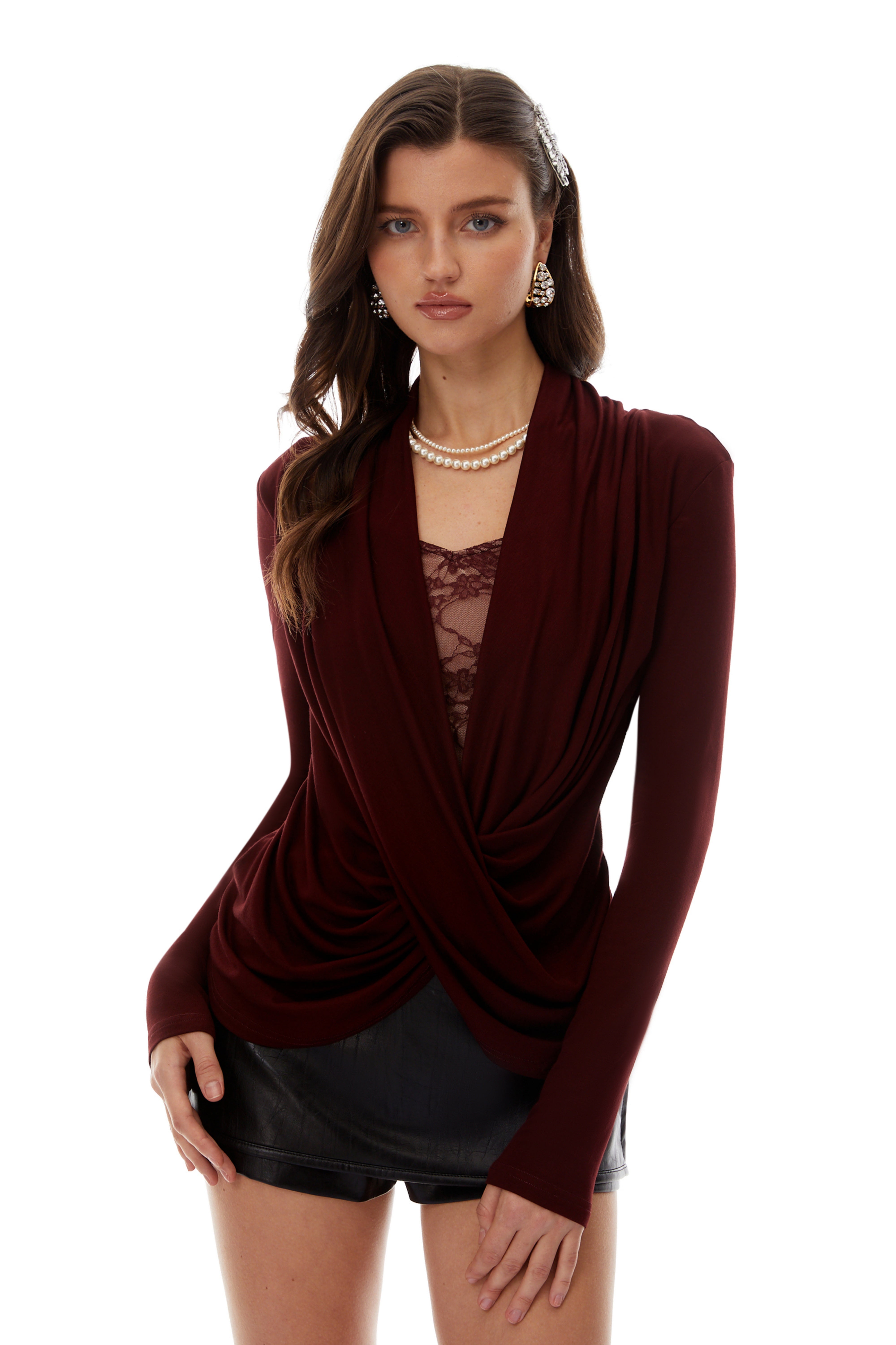 Bianca Burgundy Lace Panel Ruched Blouse