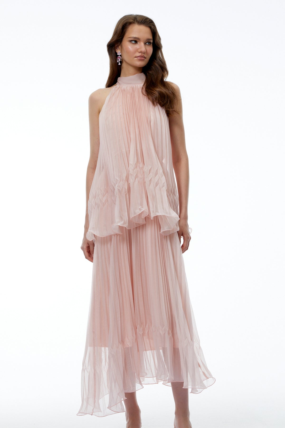 Atawhai Pink Sleeveless Pleated Midi Dress