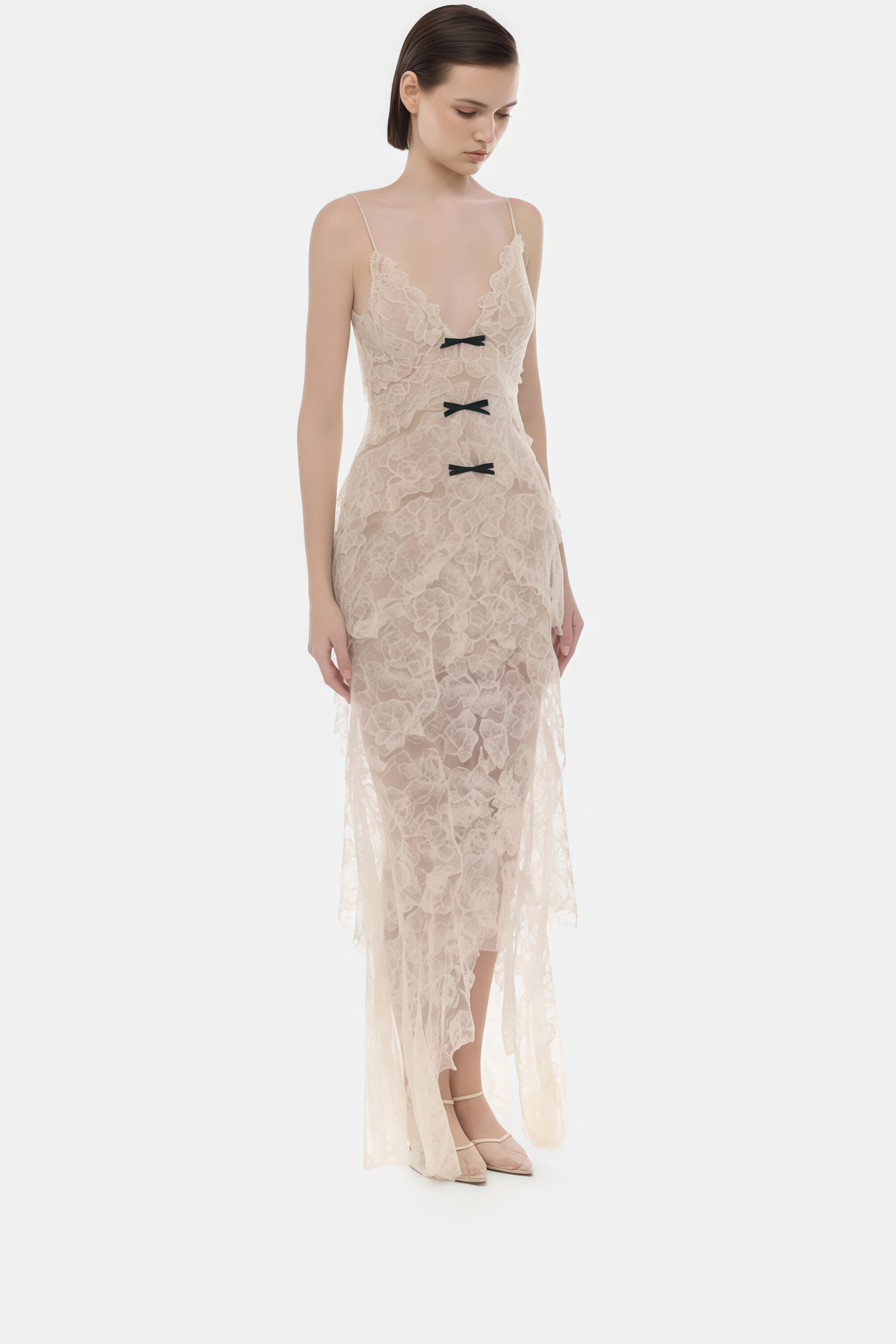 Atousa Cream Layered Floral Lace Maxi Dress with Bow