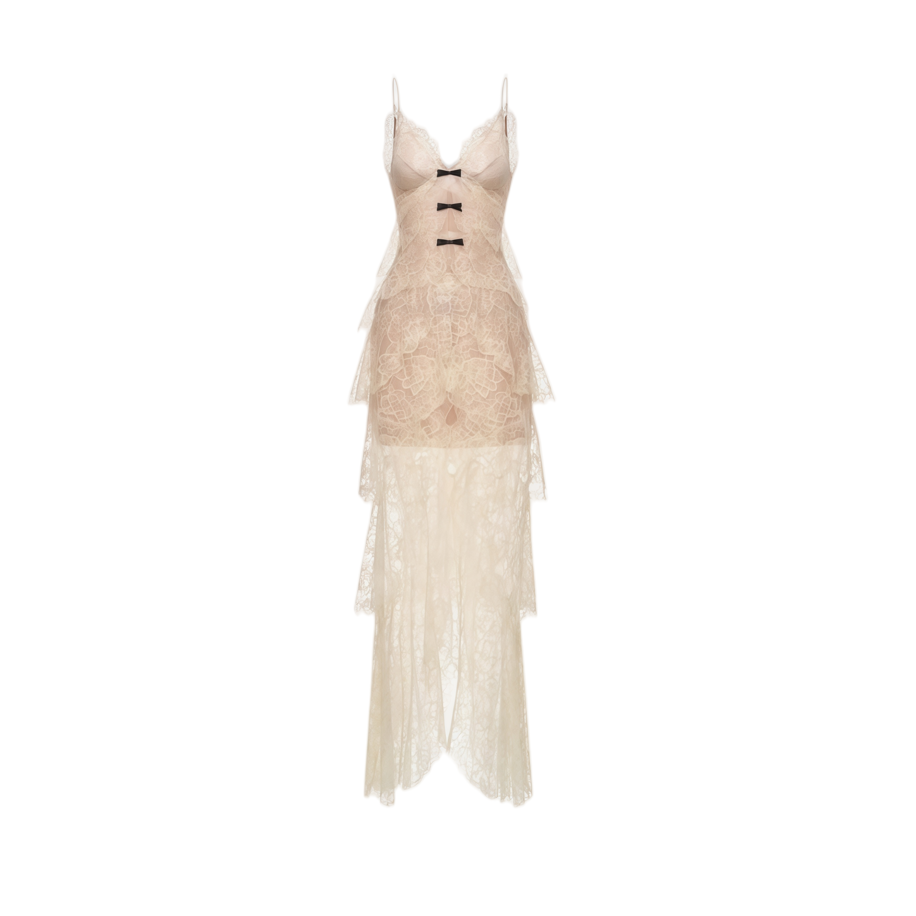 Atousa Cream Layered Floral Lace Maxi Dress with Bow