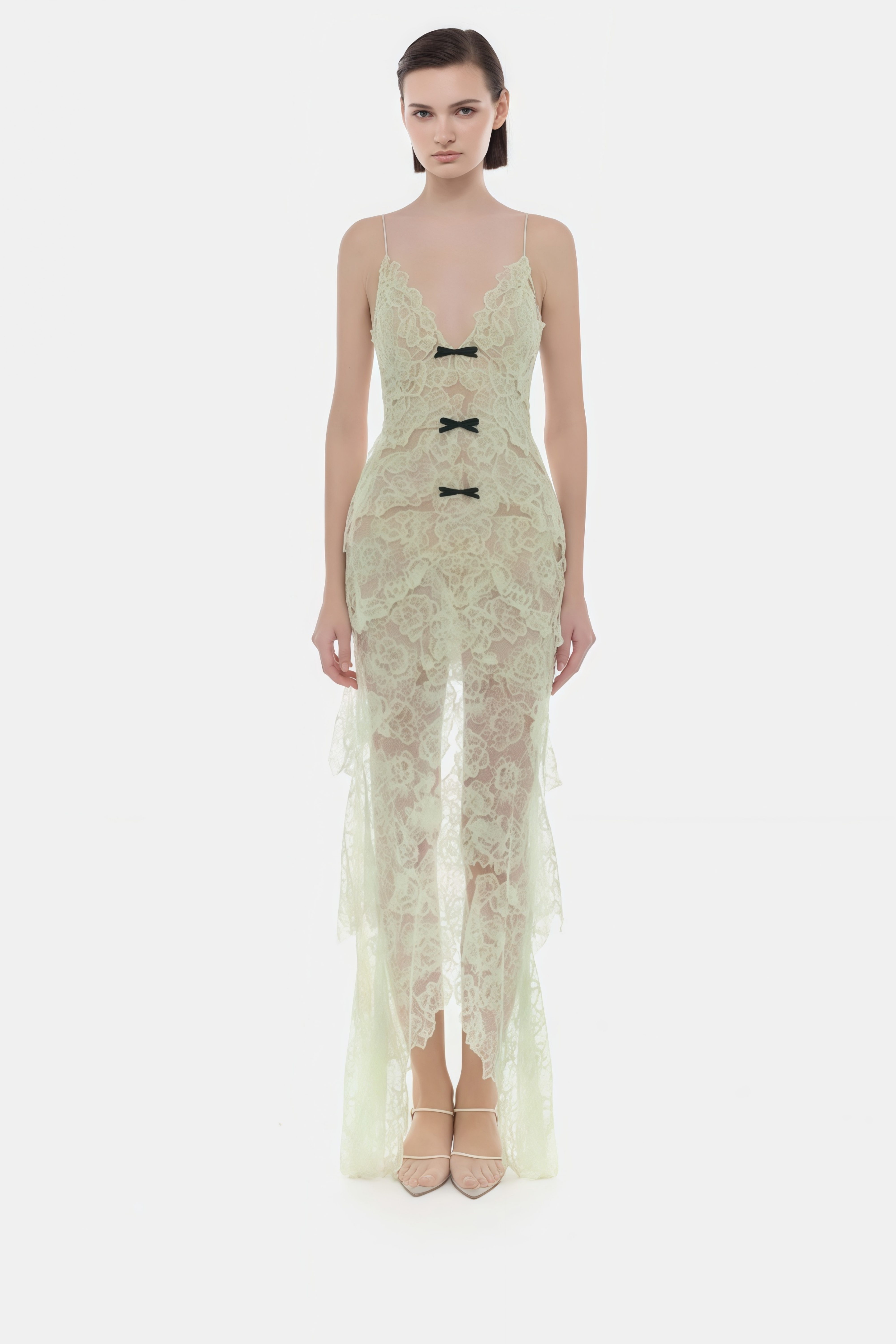 Atousa Green Layered Floral Lace Maxi Dress with Bow