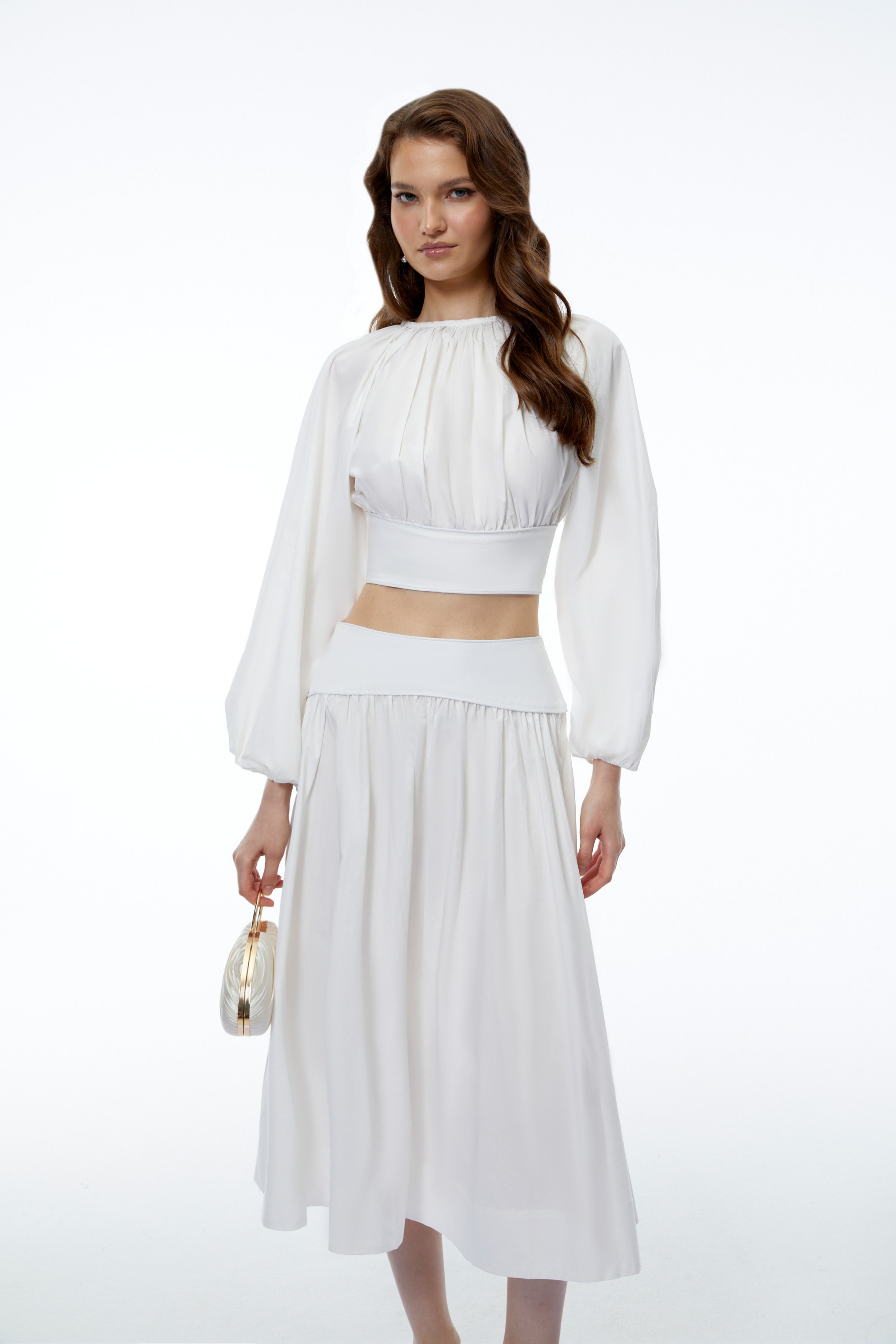 Aubrey White Round Neck Puff Sleeve Top & Skirt Set