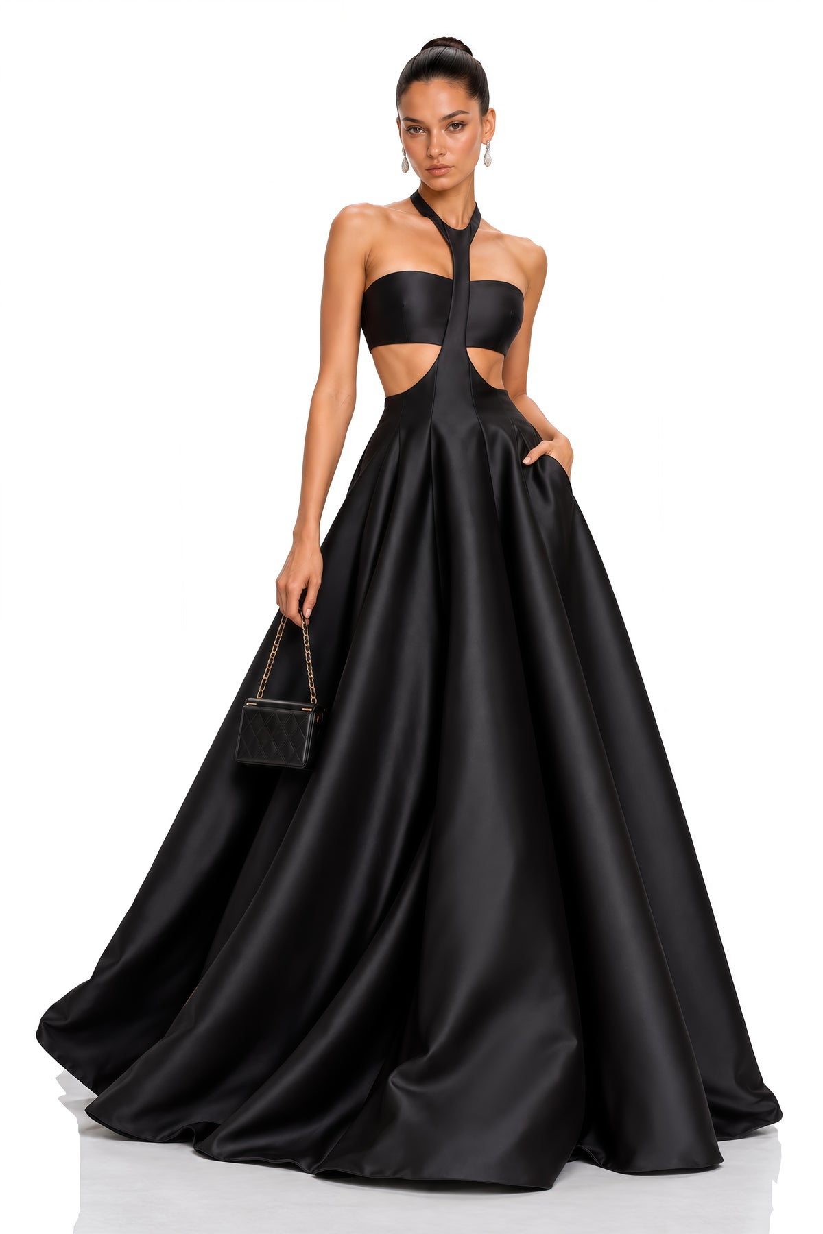 aurelia black cutout halterneck satin maxi dress