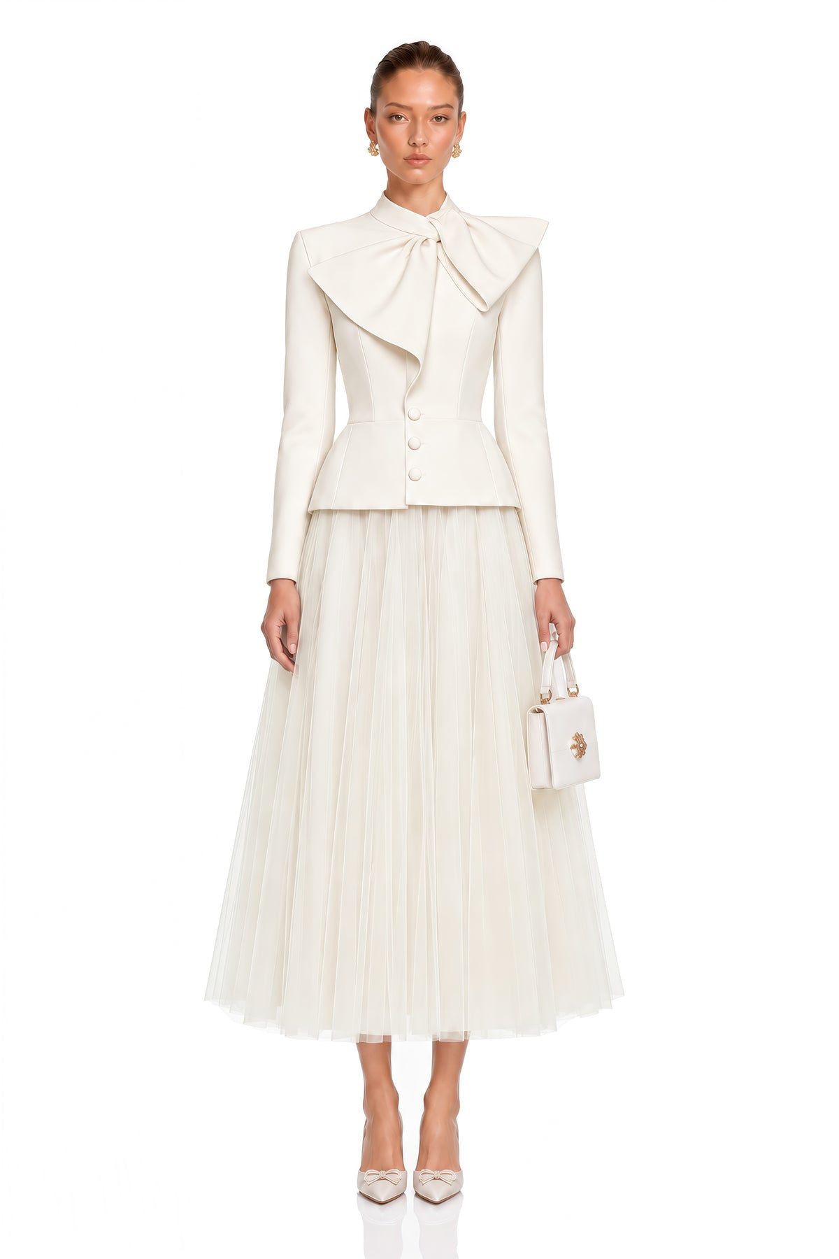 aurelia white bow collar jacket & tulle skirt set