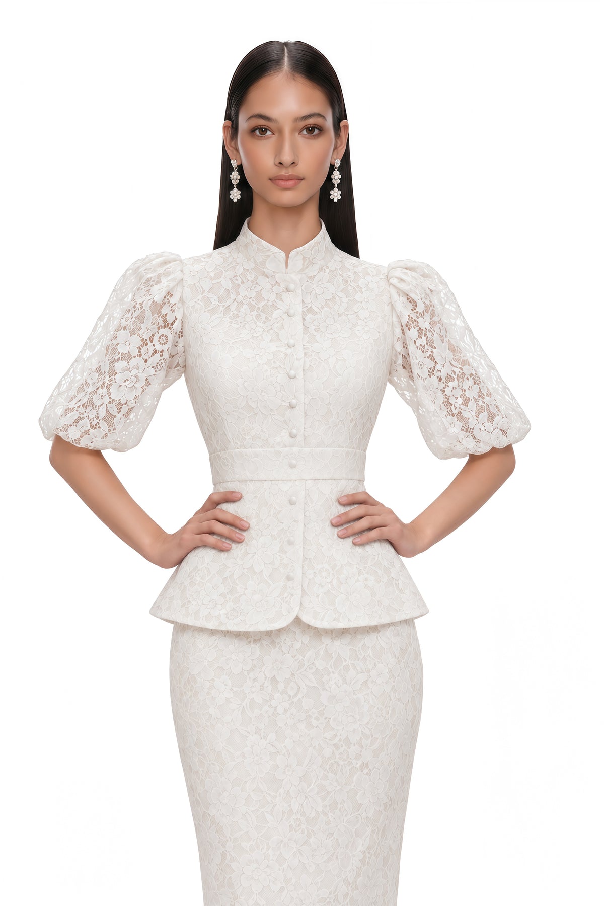 aurelia white floral lace puff sleeve blouse & midi skirt set
