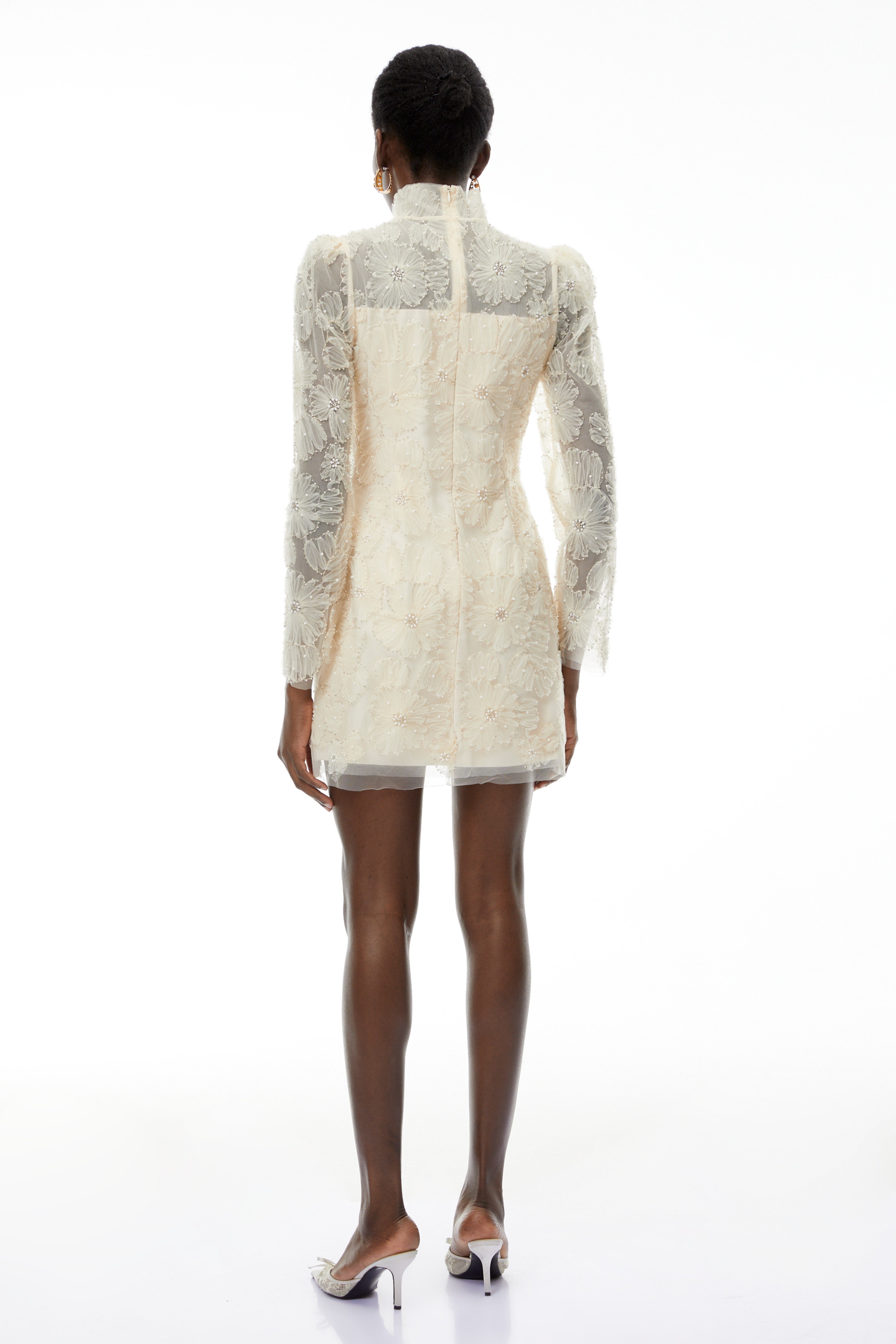 Aurélie Neutral Lace Embroidered Mini Dress