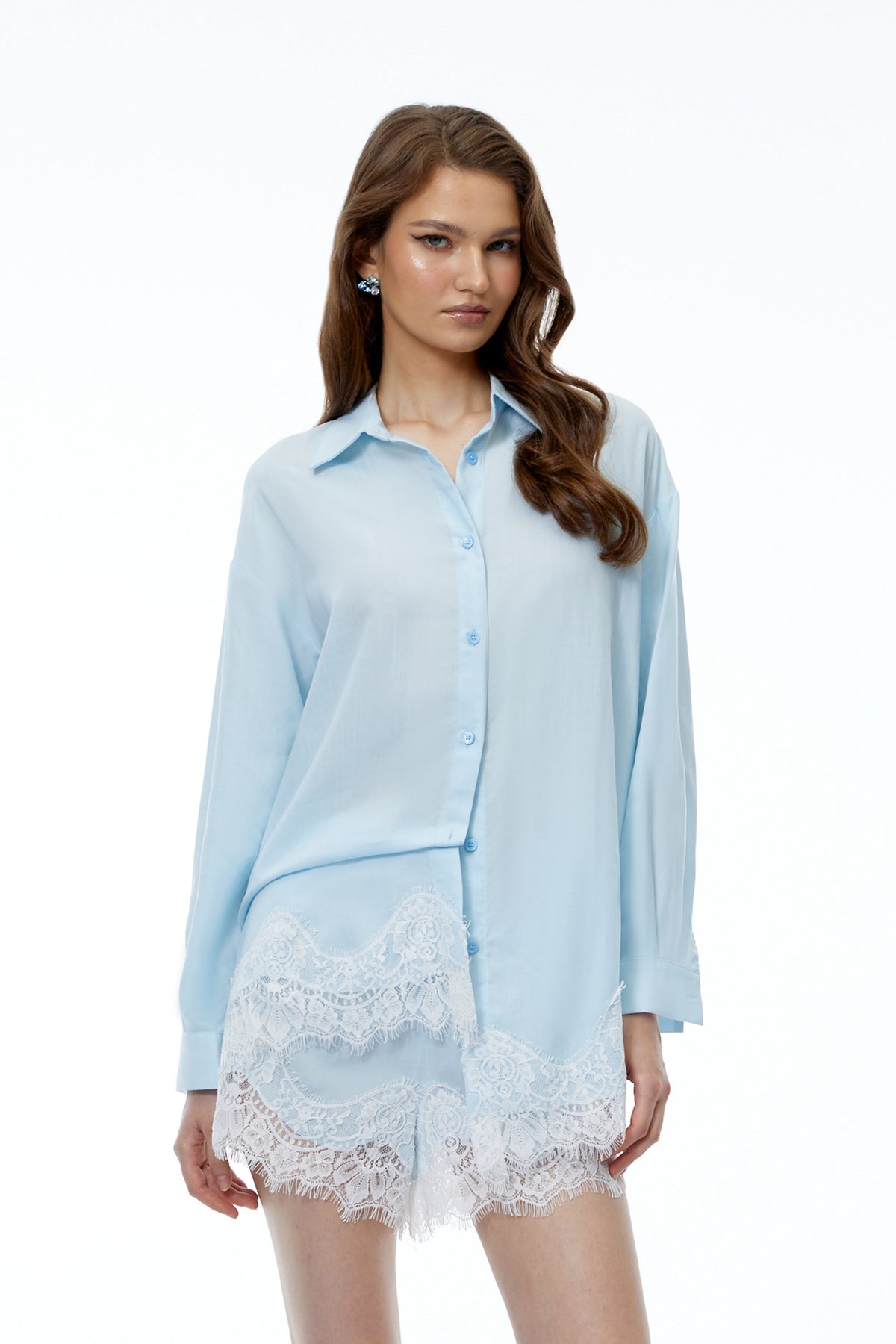 Aurora Light Blue Lace Trim Blouse & Shorts Set