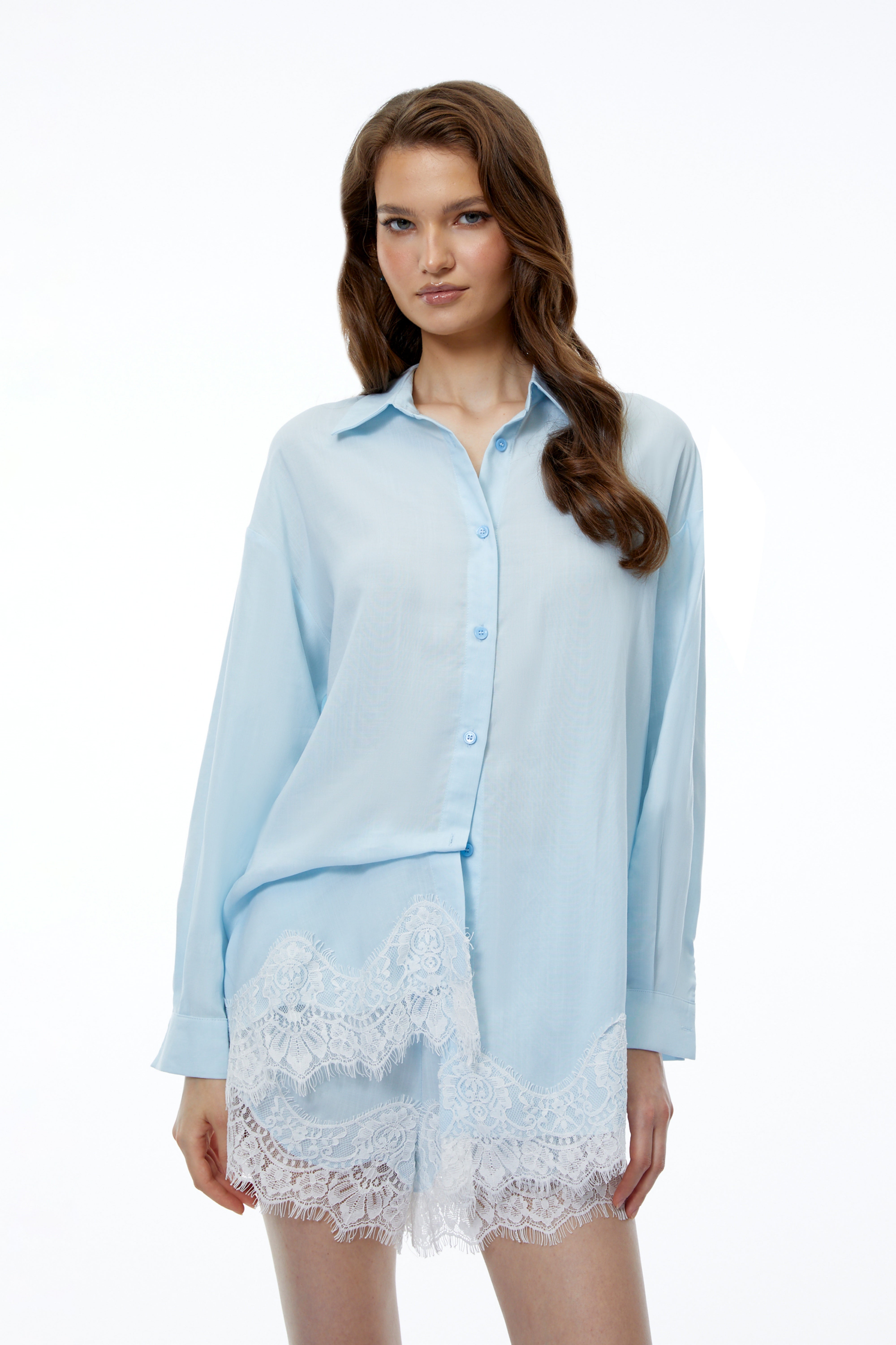 Aurora Light Blue Lace Trim Blouse & Shorts Set