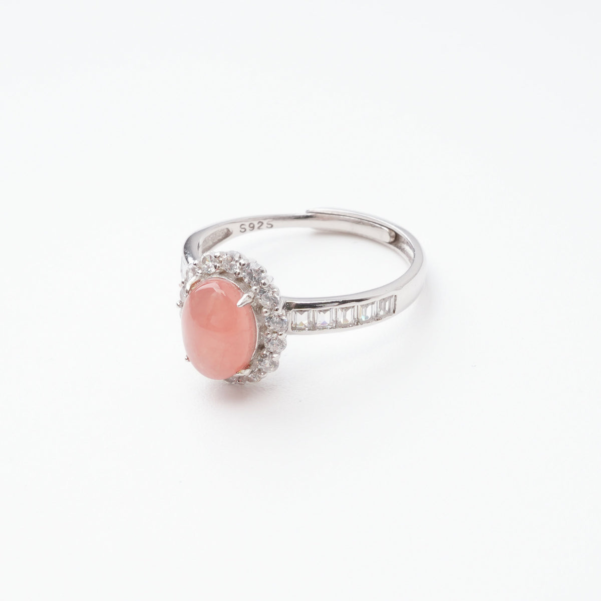 Aurora Peach Cabochon Cut Halo Sterling Silver Ring