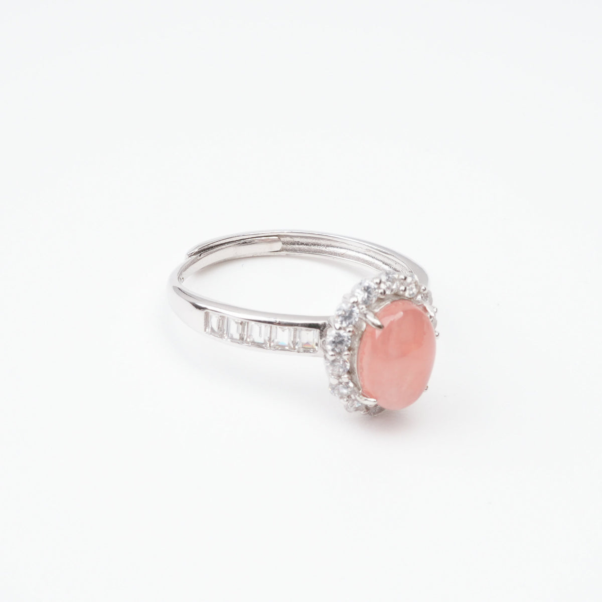 Aurora Peach Cabochon Cut Halo Sterling Silver Ring