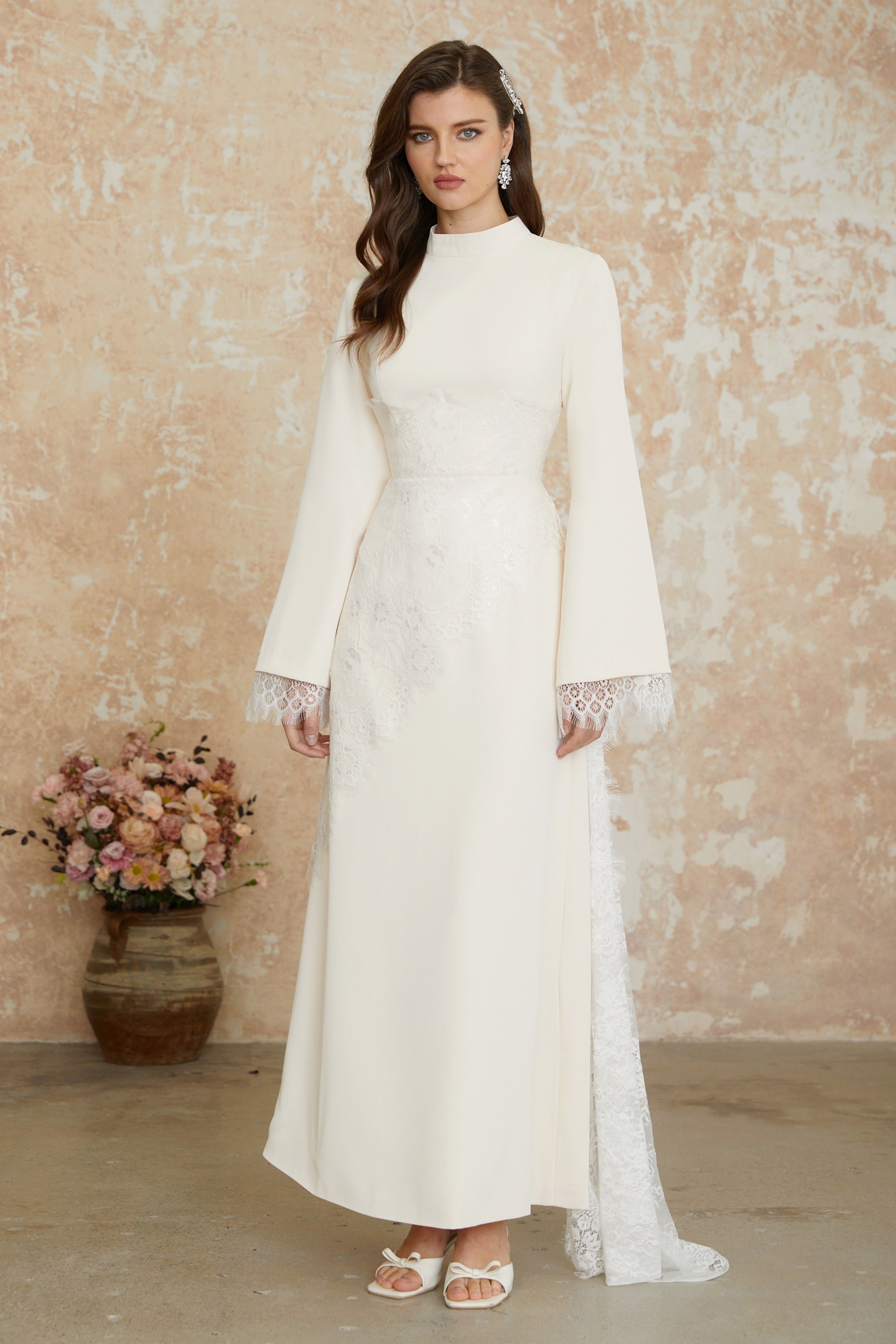 Elysia White Asymmetrical Floral Lace Maxi Dress