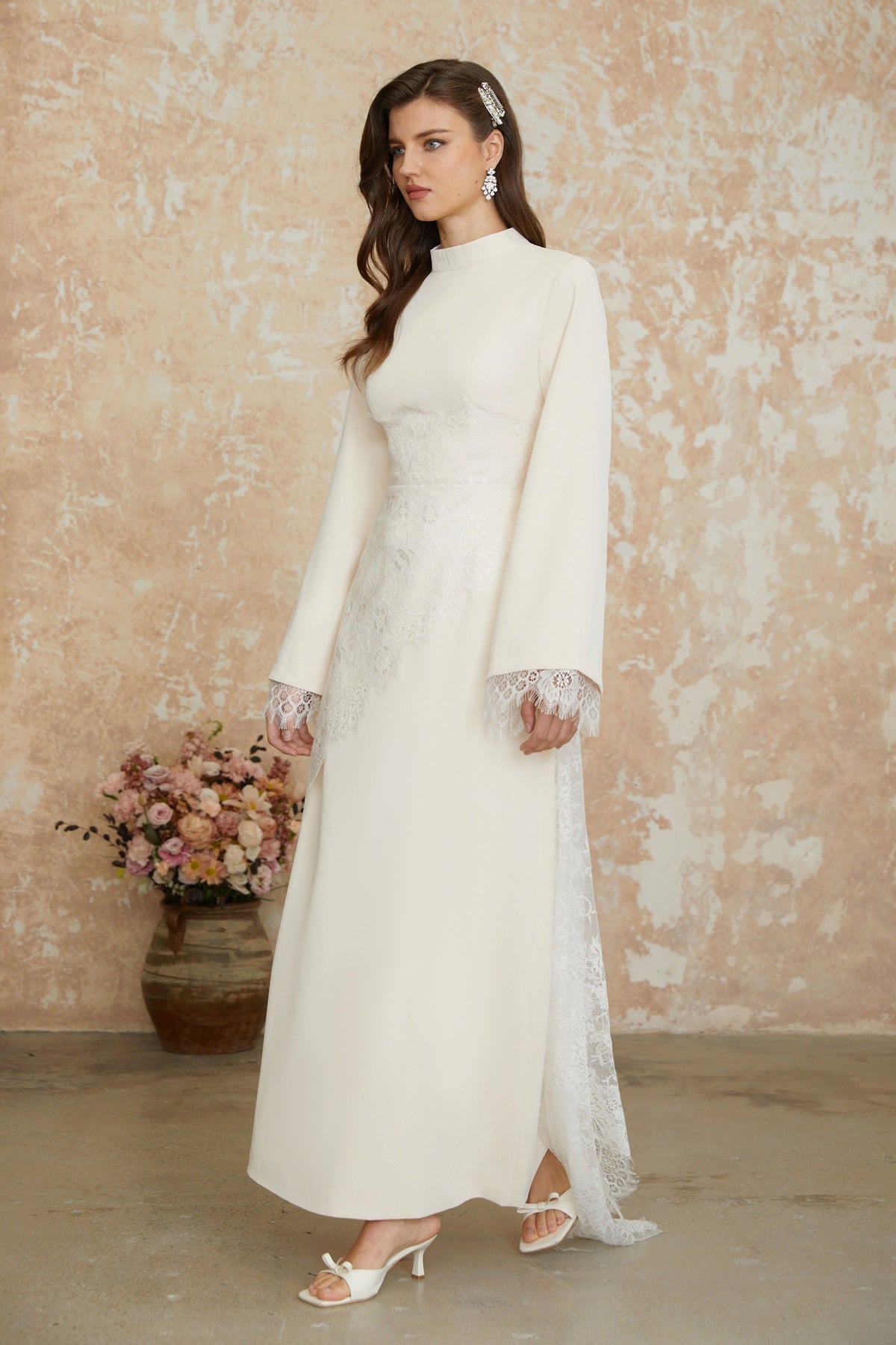 Elysia White Asymmetrical Floral Lace Maxi Dress