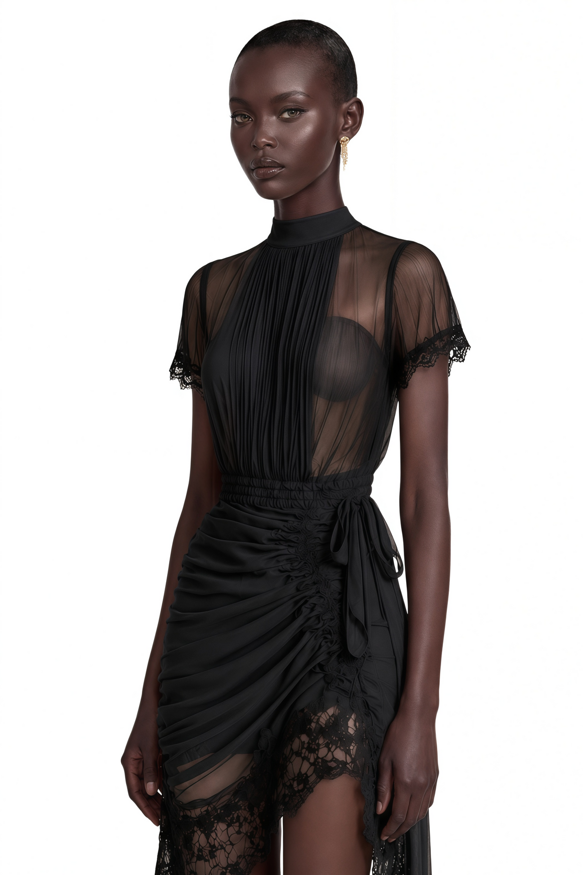 Avis Black Ruched Mini Dress with Lace Trim