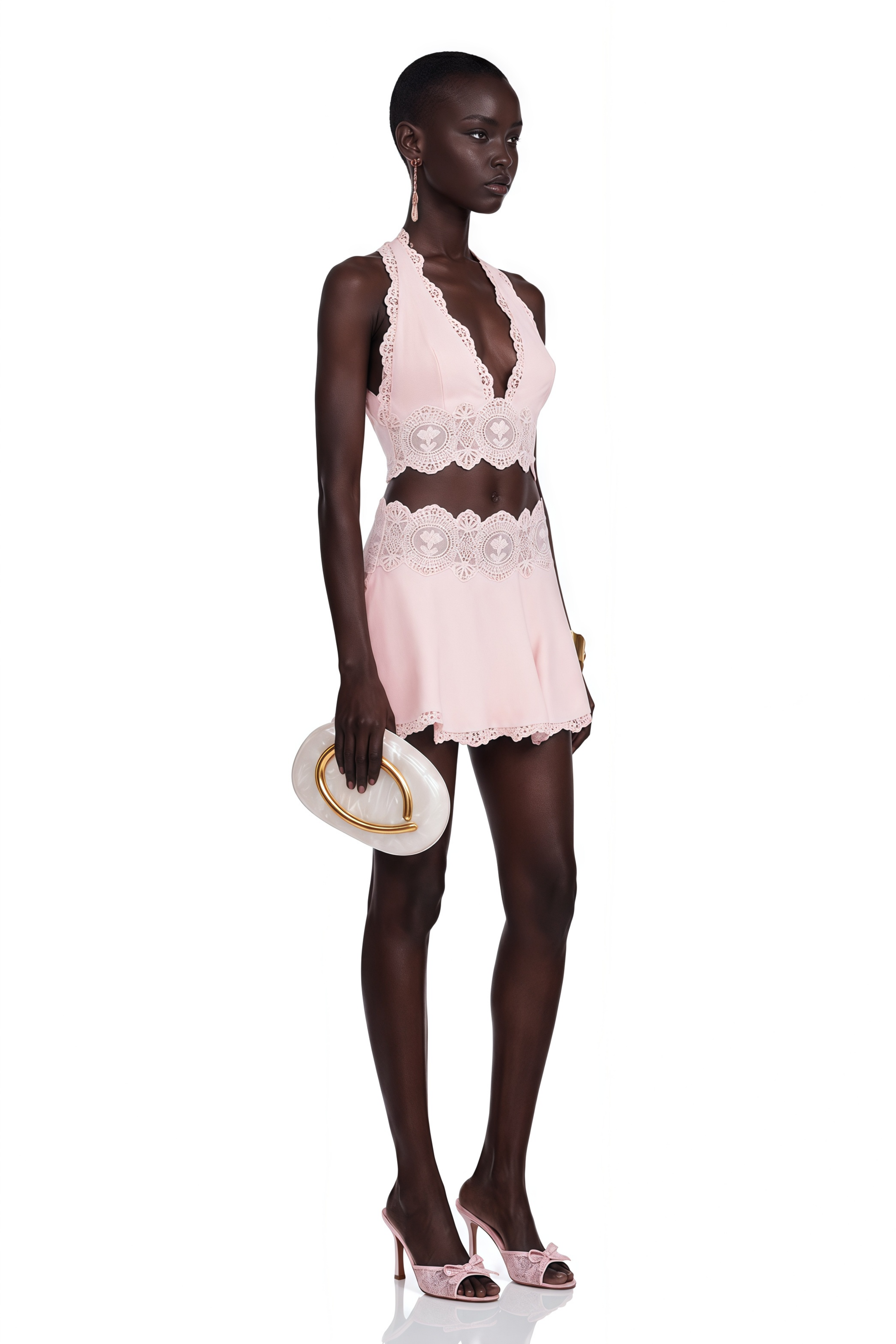 Ayla Pink Halterneck Top & Skirt Set with Lace Trim