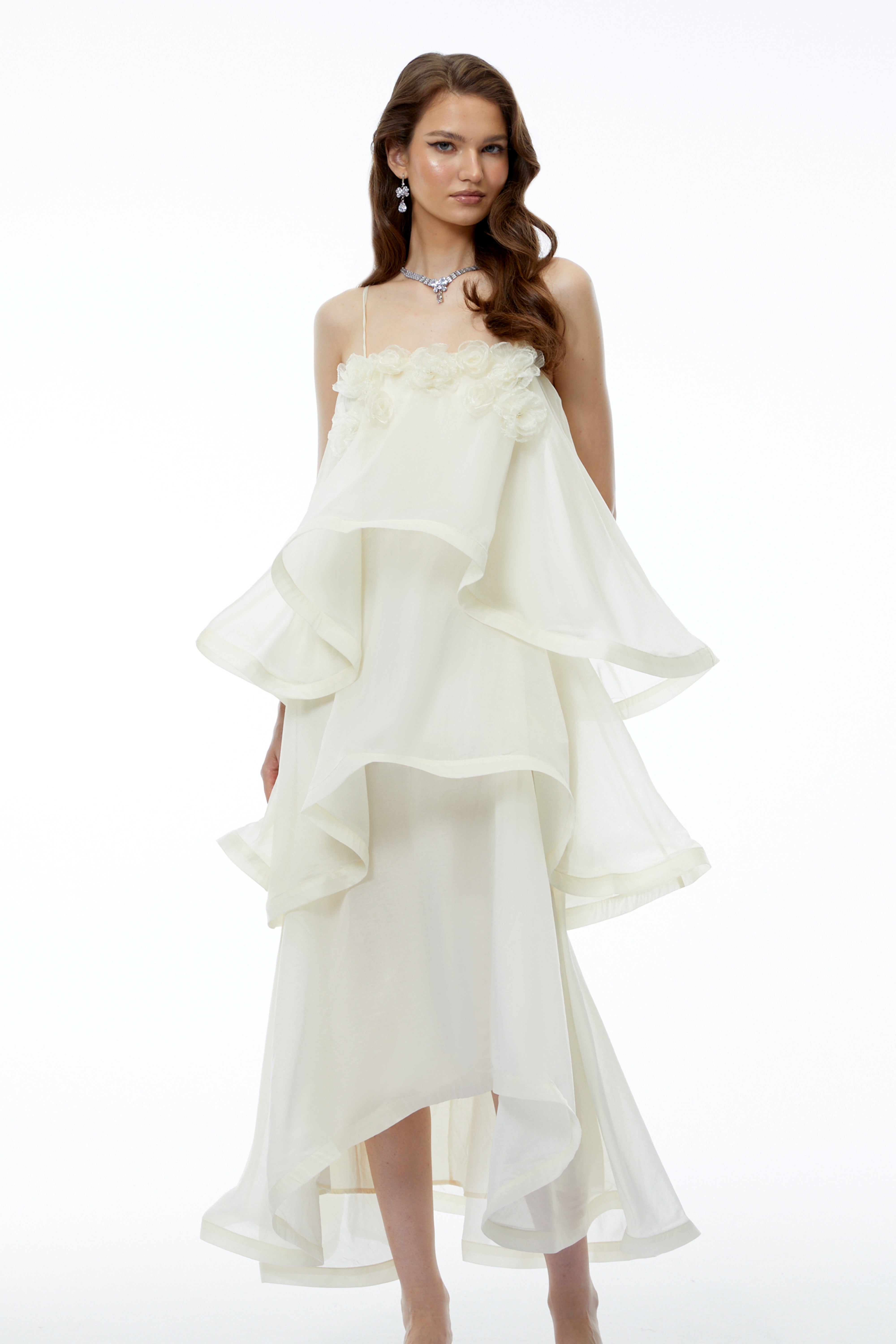 Aysun White Tiered Maxi Dress with 3D Florals