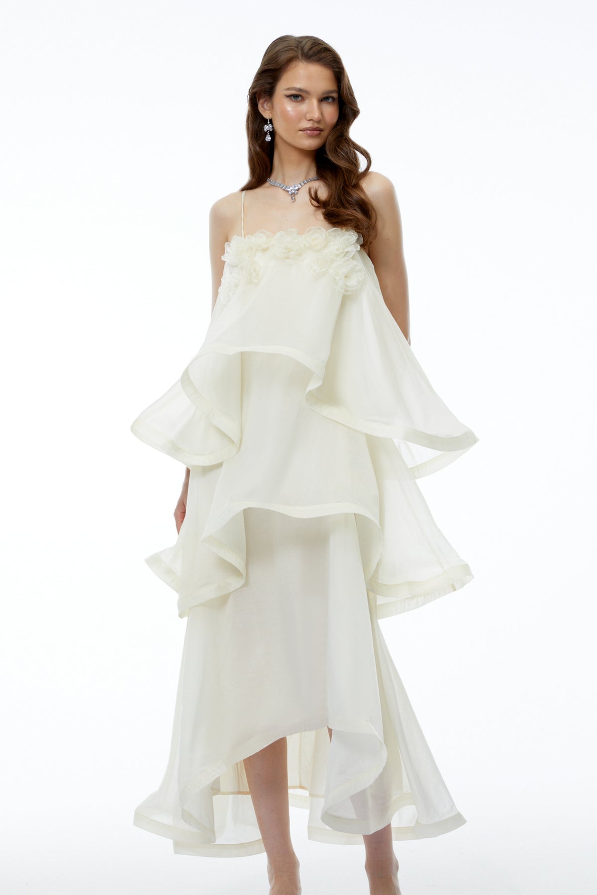 Aysun White Tiered Maxi Dress with 3D Florals