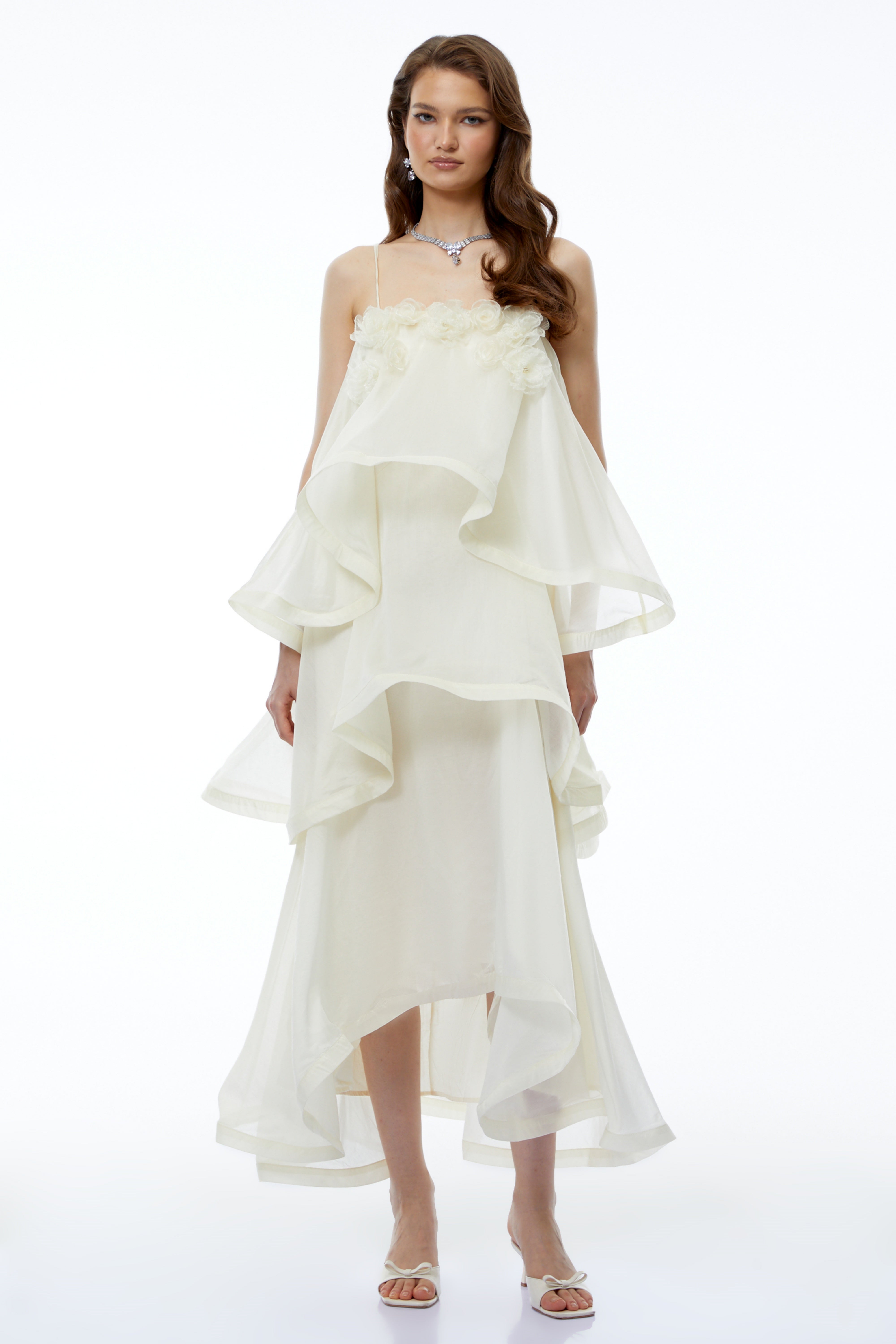 Aysun White Tiered Maxi Dress with 3D Florals