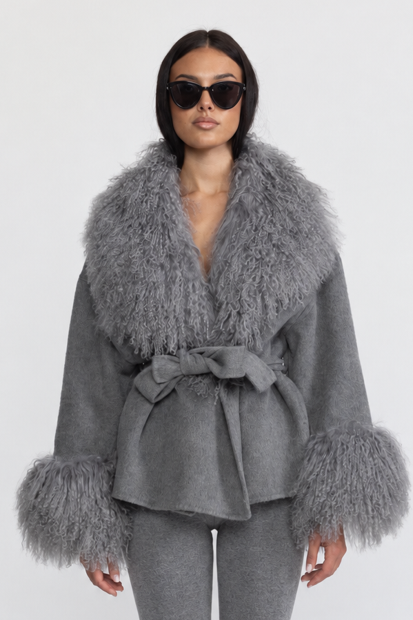 Odette Grey Belted Wool Jacket With Curly Fur-Effect Collar And Cuffs