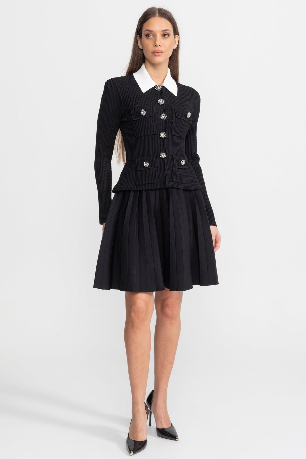 Paulette Black Ribbed Knit Mini Dress with Contrast Collar and Pleated Skirt