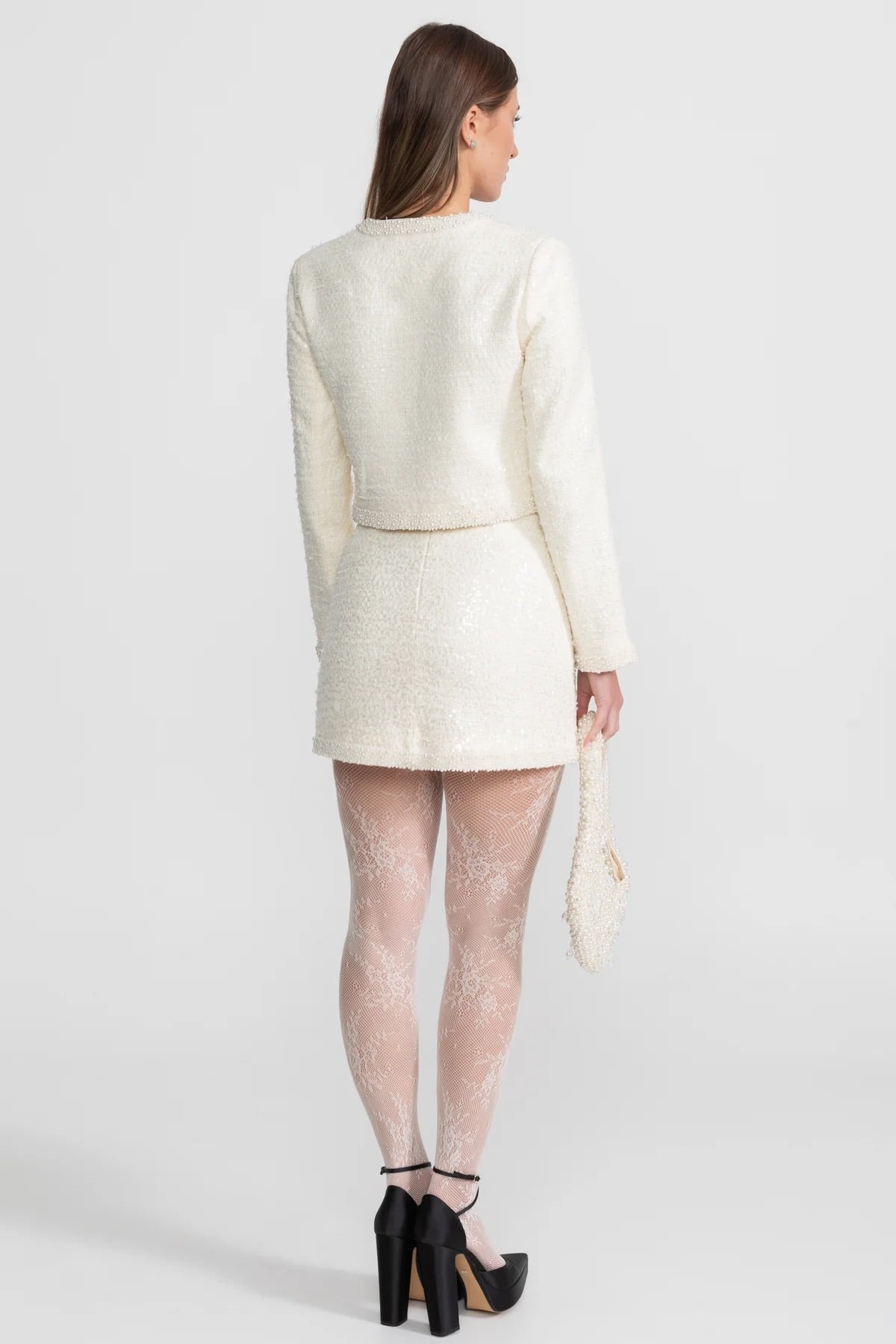 Lucinda Ivoire Tweed Mini Skirt With Beaded Trim And Hemline