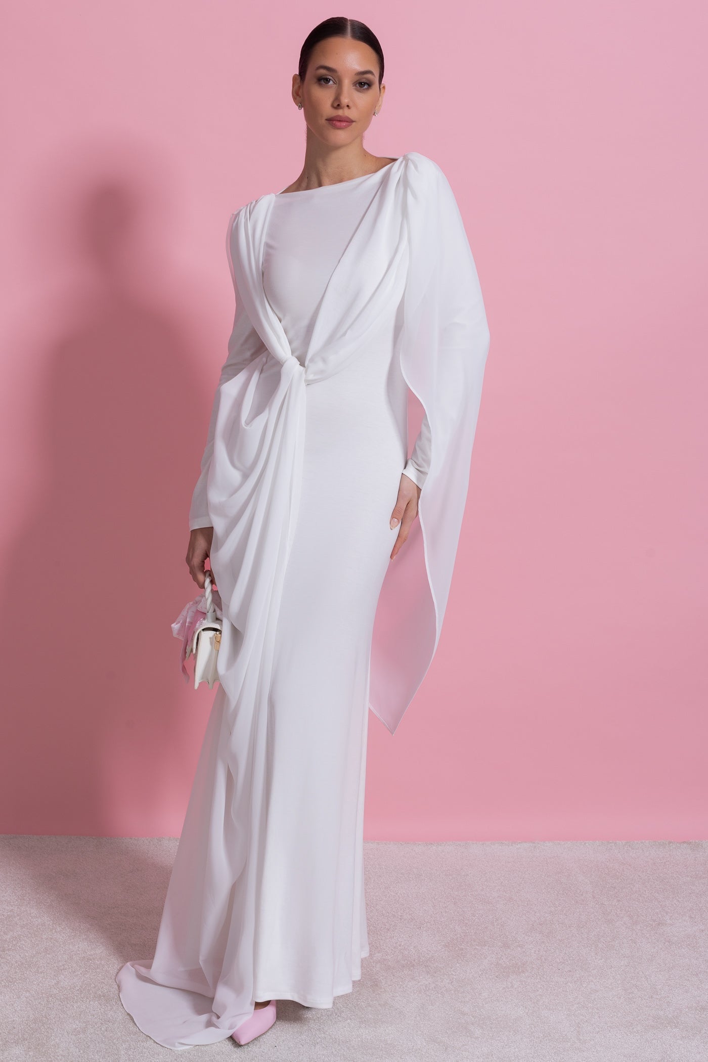 Draped Long Sleeve Maxi Dress With Cape Overlay With Knot Front Detail - White