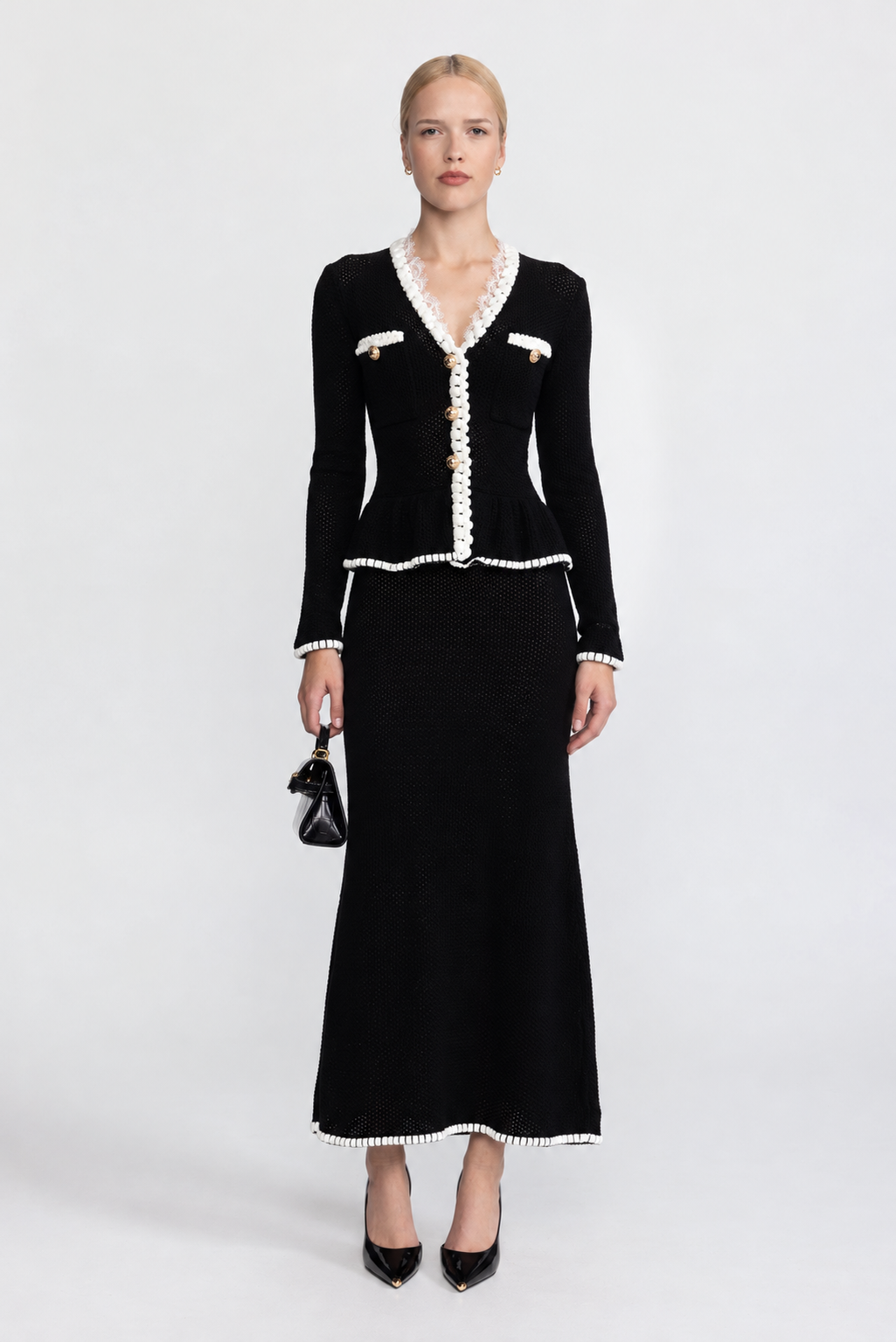 Théodora Black Lace Trim Crochet Knit Peplum Maxi Dress