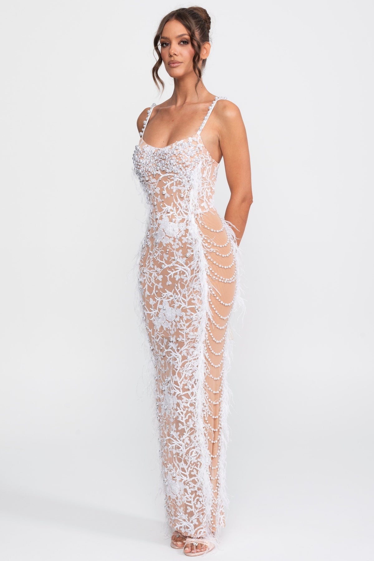 Feather Trim Beaded Lace Gown With Pearl Straps - White