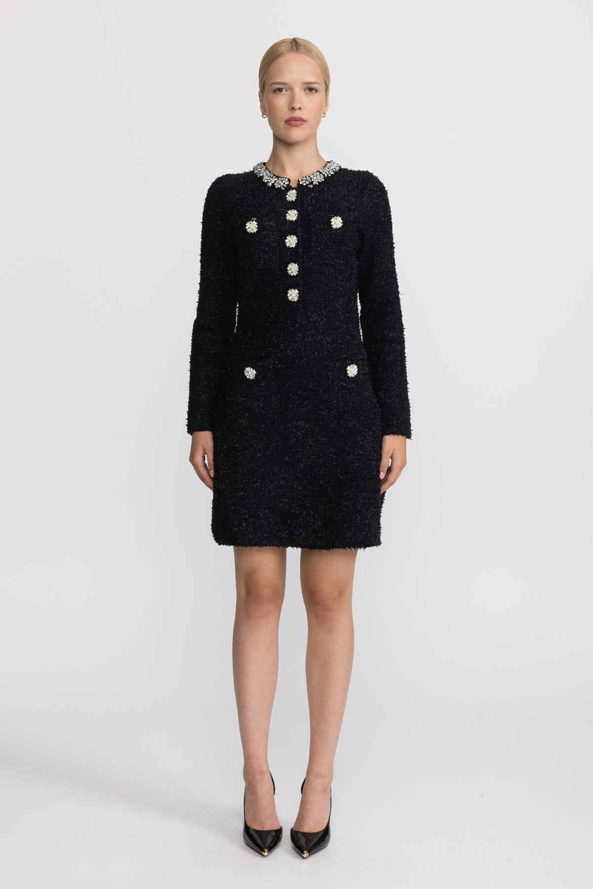 Crystal Embellished Bouclé Knit Mini Dress - Black