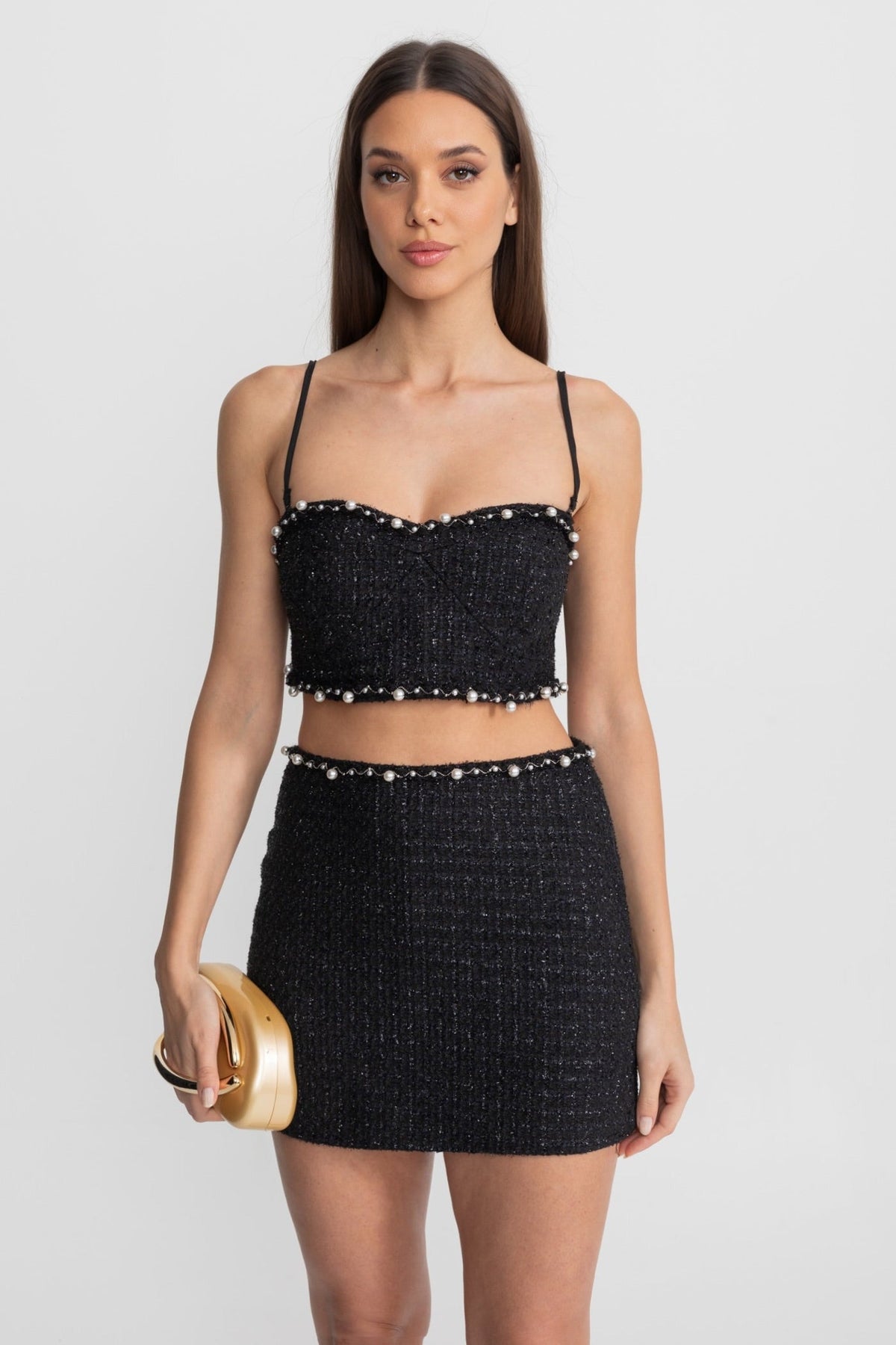 Leopoldine Black Pearl-Trim Tweed Co-Ord Set with Cropped Bustier Top