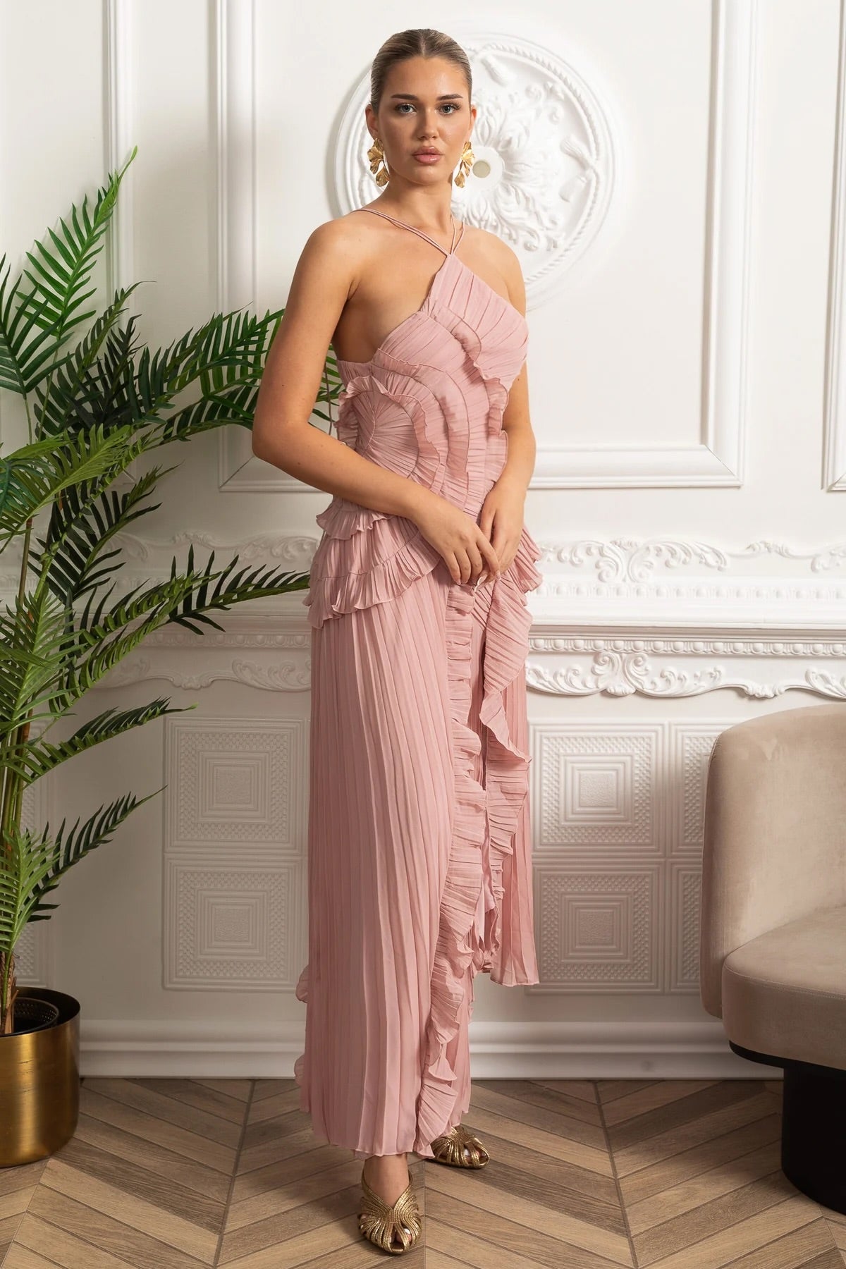 Pleated Halter Midi Dress With Cascading Ruffle Details - Pink