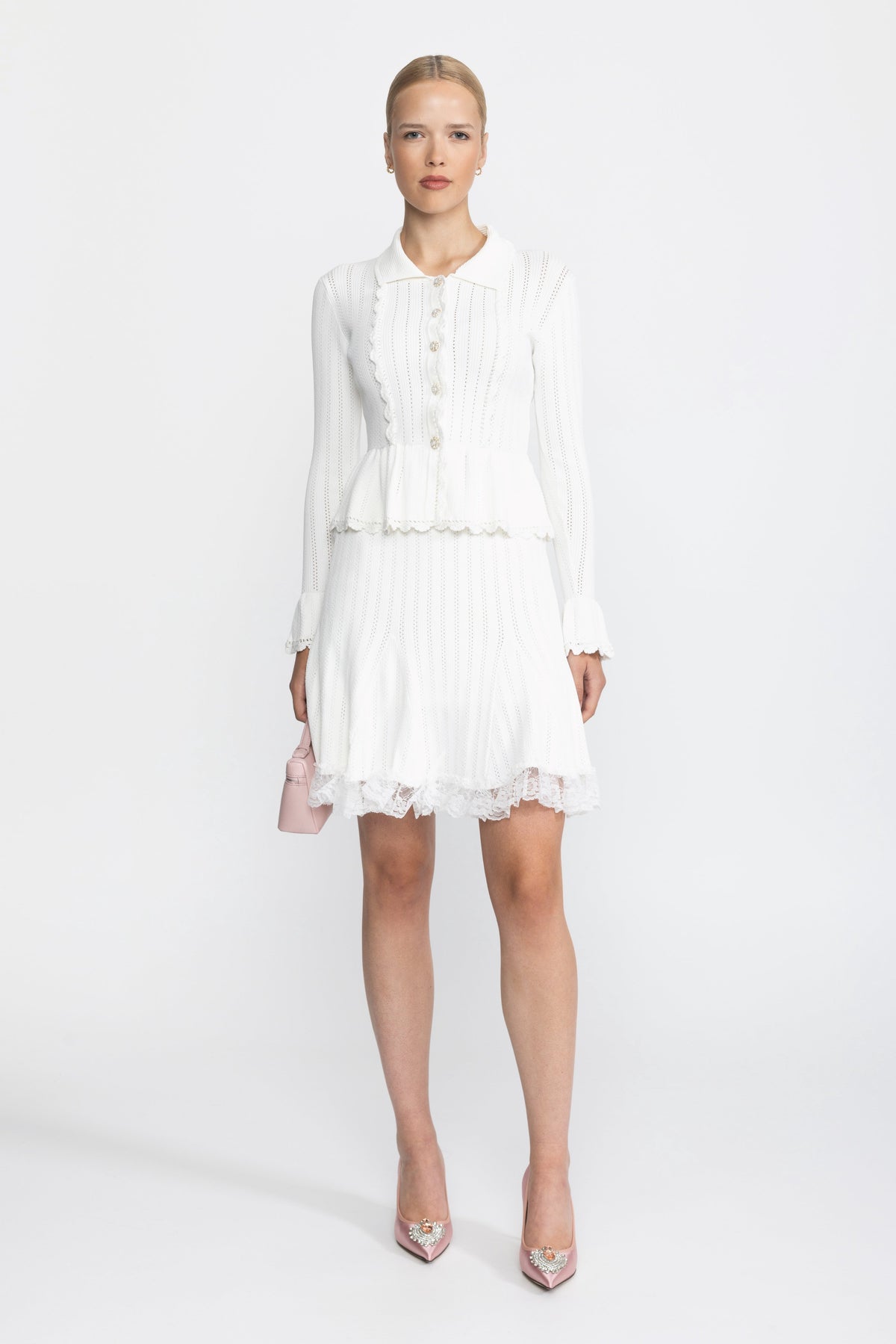 Pointelle Knit Peplum Cardigan and Lace Hem Skirt Co-ord Set - White