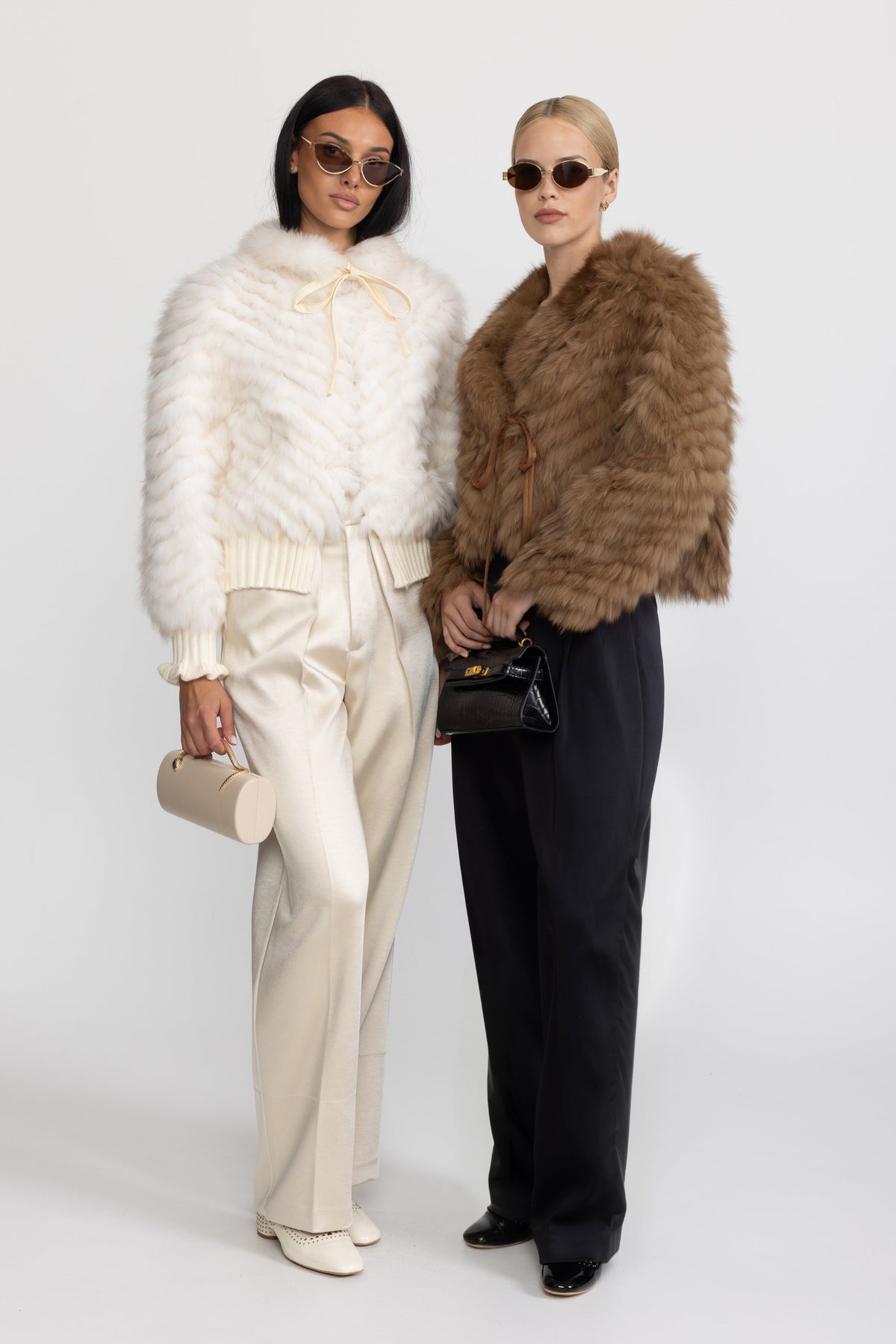 Chevron Fox Fur Cropped Tie Jacket - Camel
