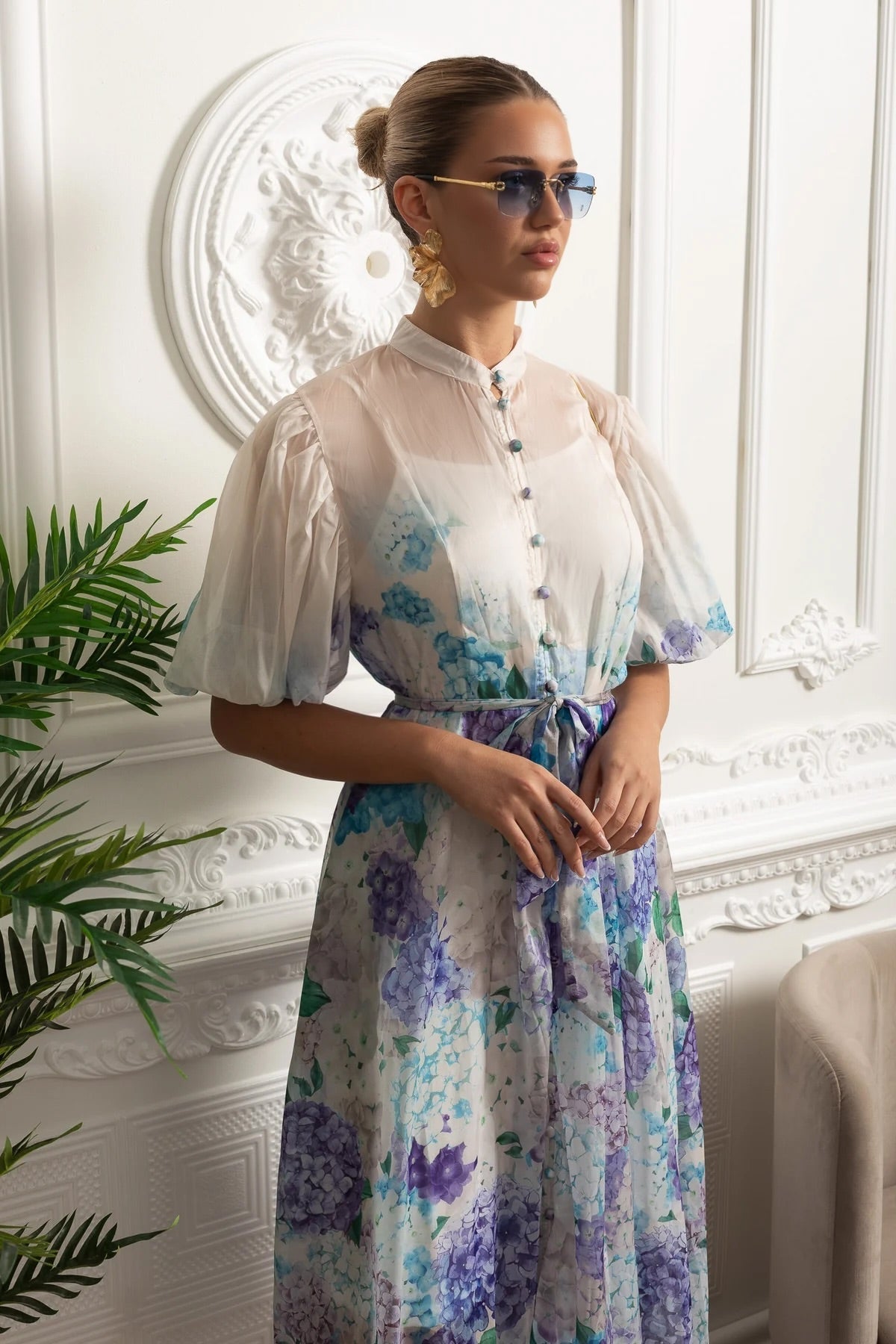 Sheer Silk Midi Shirt Dress with Botanical Motif and Tie Belt - White/Blue