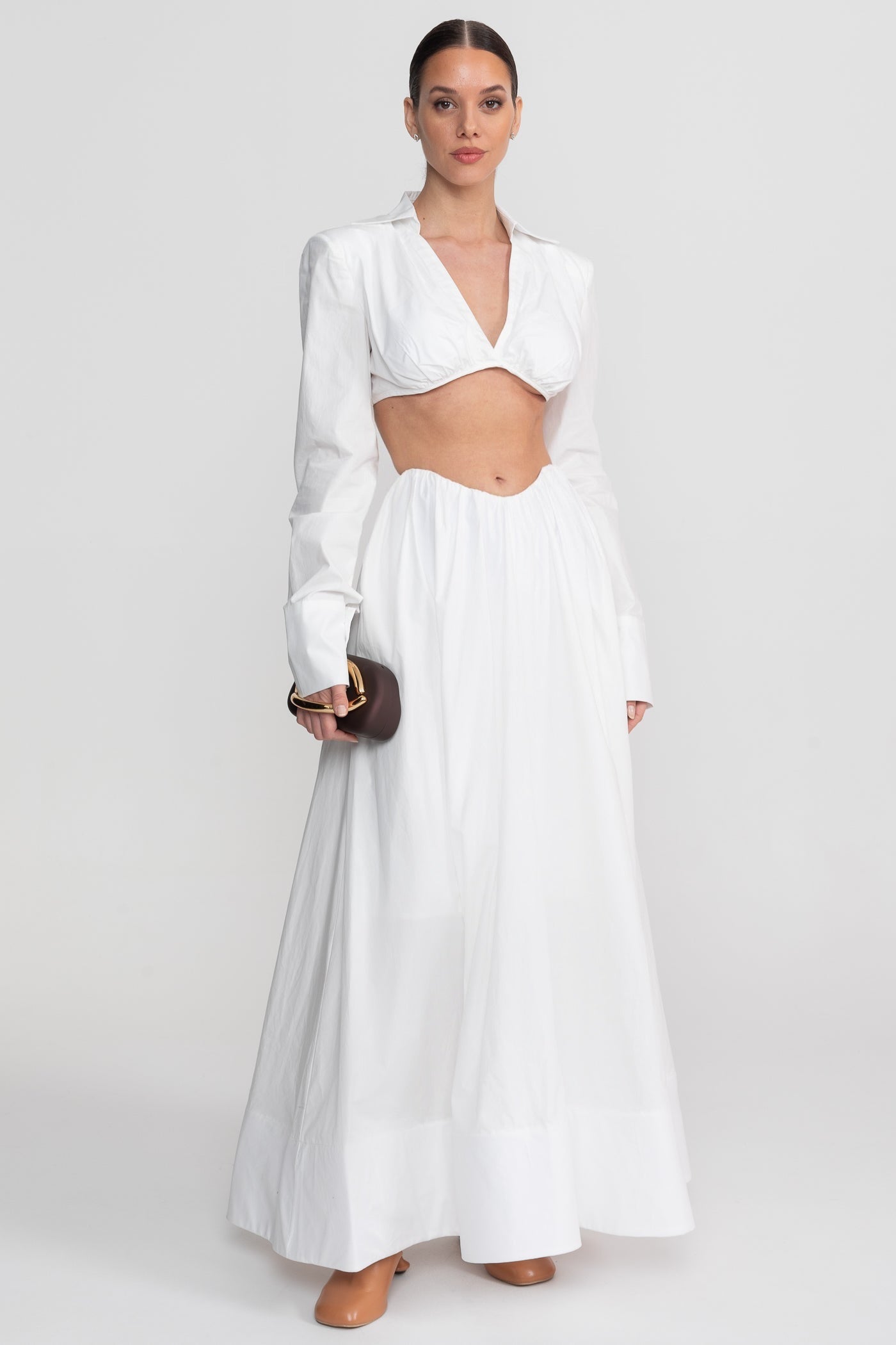 Long Sleeve Co-Ord Set With Cropped Underbust Top - White