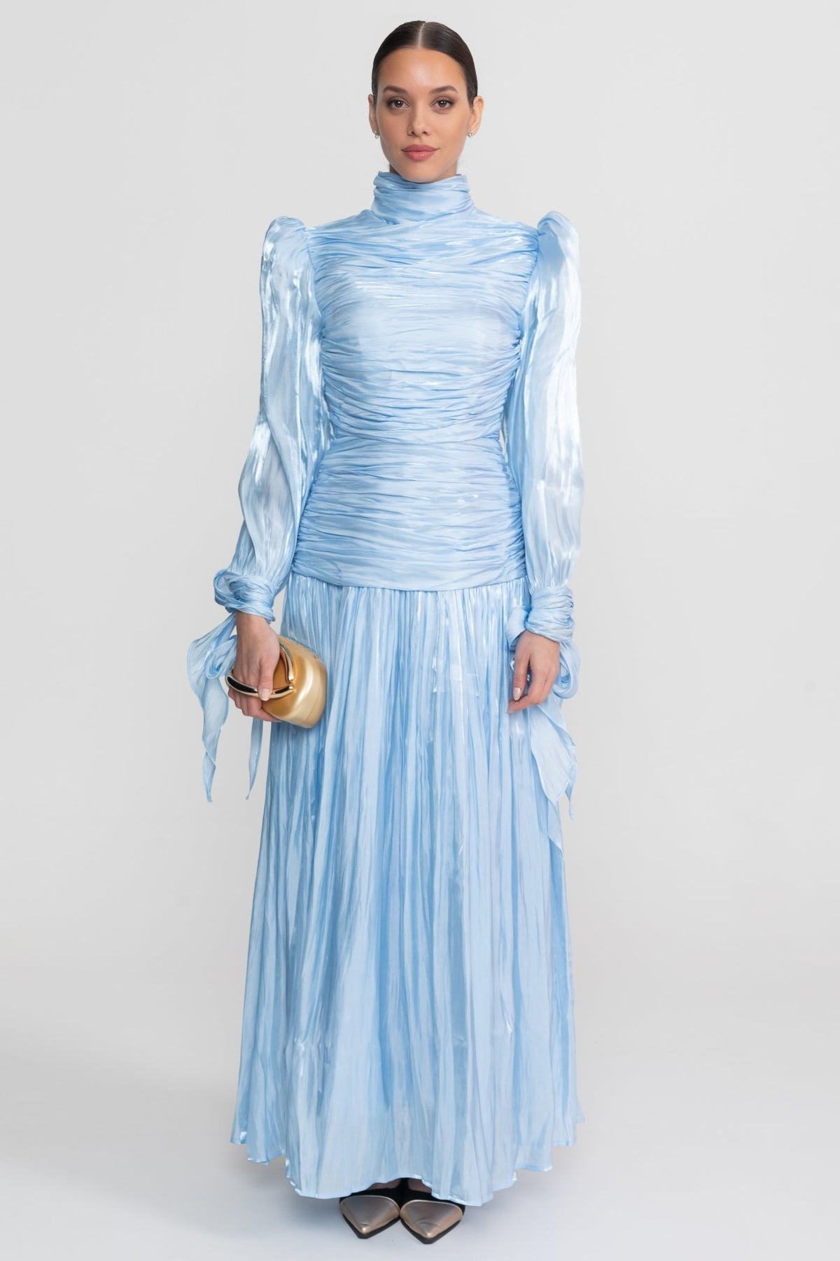Ruched Long Sleeve Maxi Dress With Pleated Skirt - Sky Blue