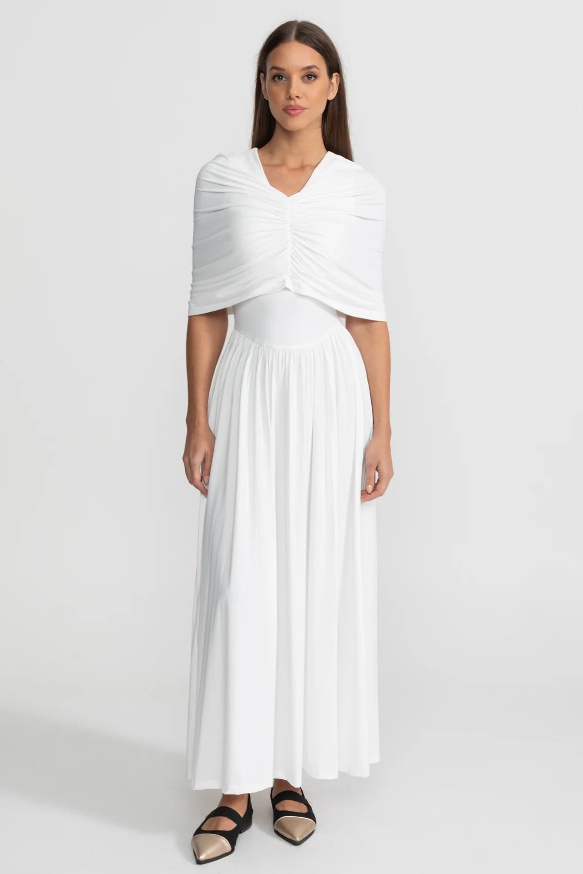 Gathered Jersey Maxi Dress with Cape Effect - White