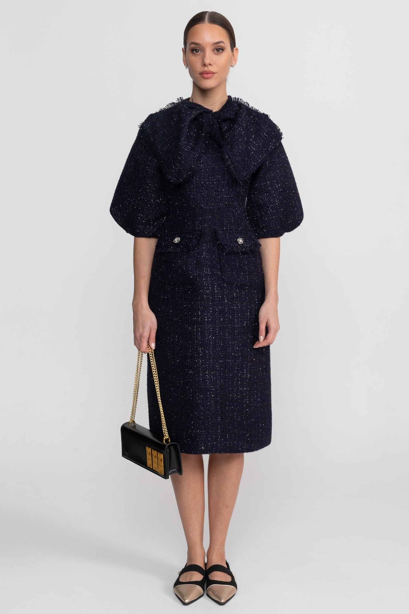 Emilienne Navy Tweed Midi Dress With Oversized Bow Neck Detail