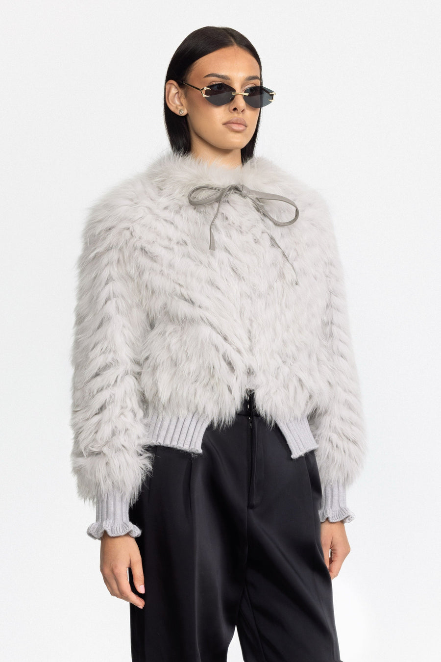Liesel Knitted Fox Fur Bomber Jacket with Tie Neck - Grey