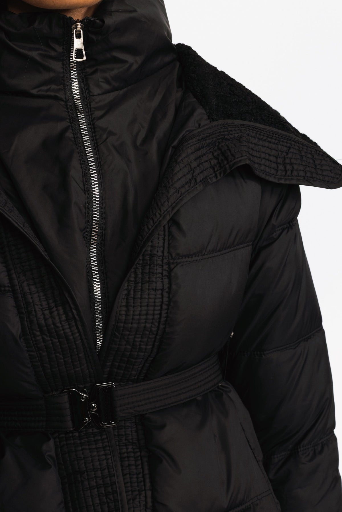 Belted Puffer Jacket with Teddy Collar - Black