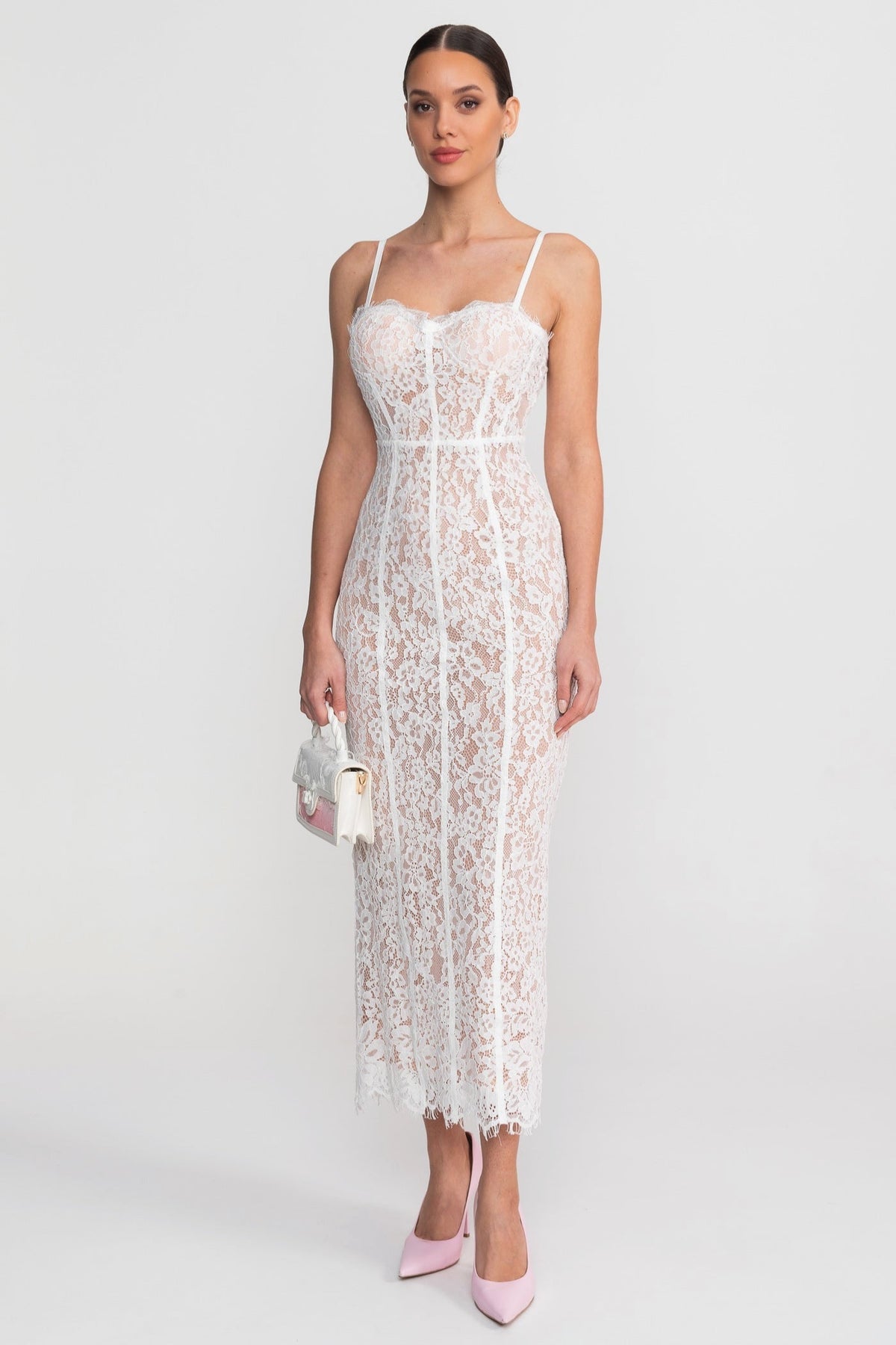 Lace Midi Dress With Sheer Corset Bodice - White