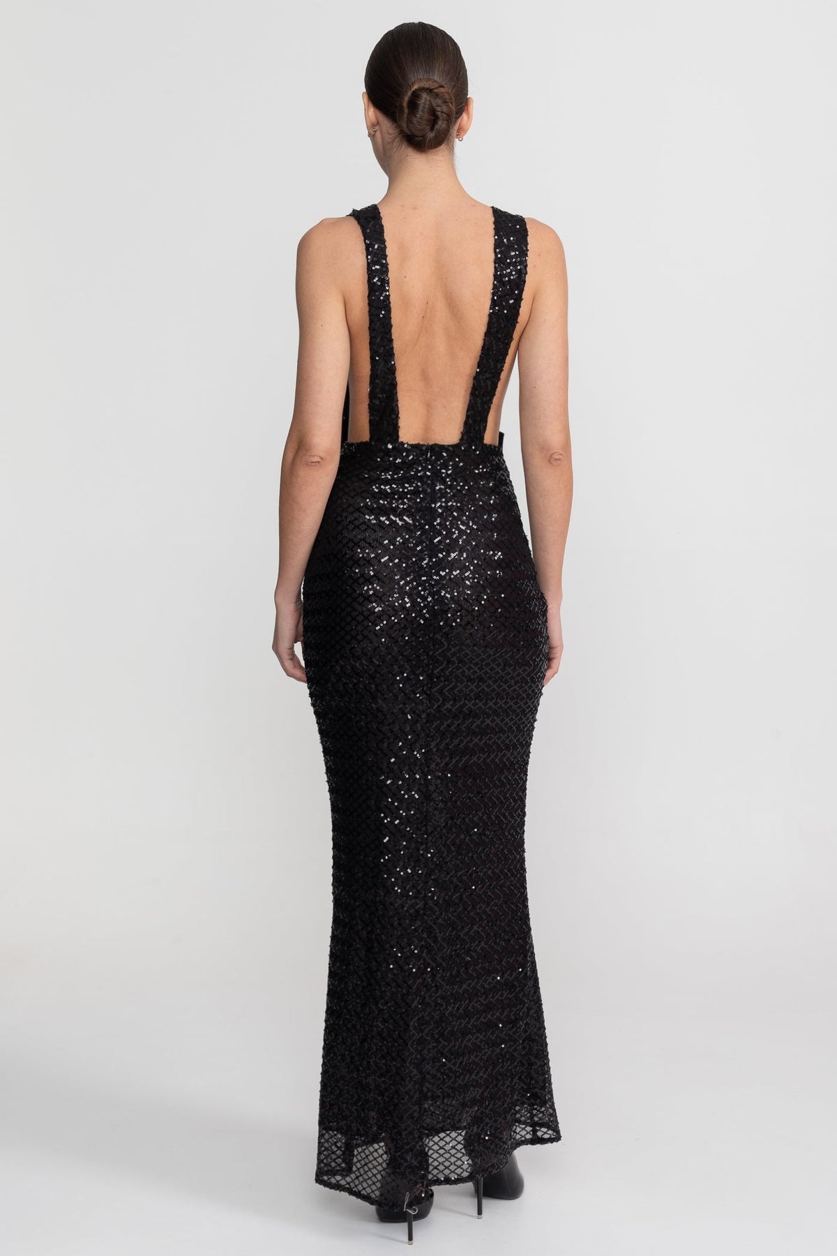 Sequin Maxi Dress With Satin Bow Detail - Black