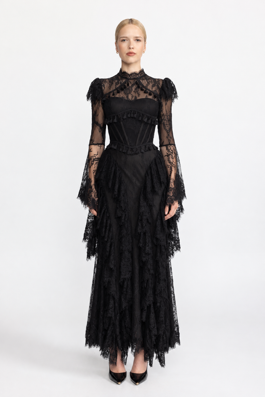 Séverine Tassel Trim Lace Corset Bell Sleeve Maxi Dress - Black