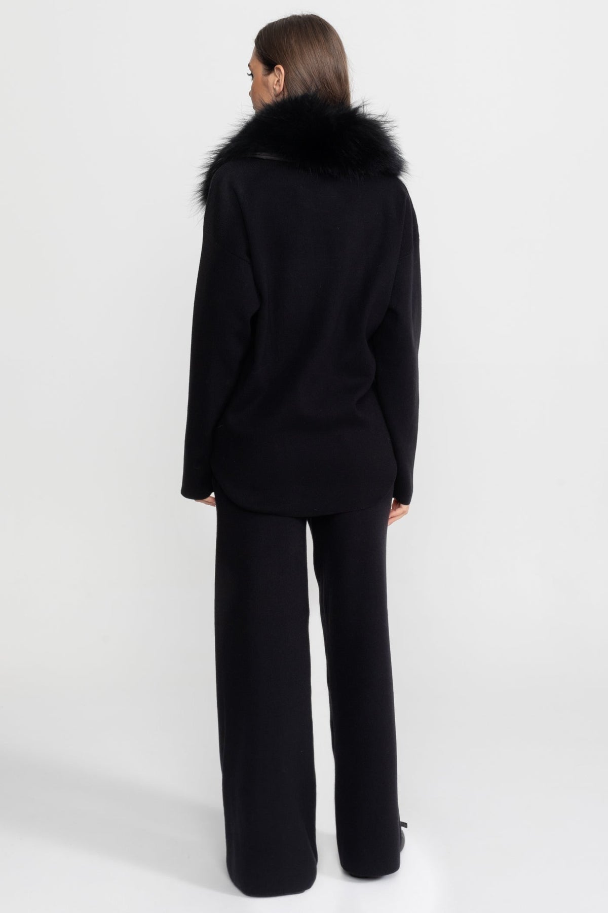 Elodie Black Knit Lounge Co-Ord Set with Fox Fur Collar