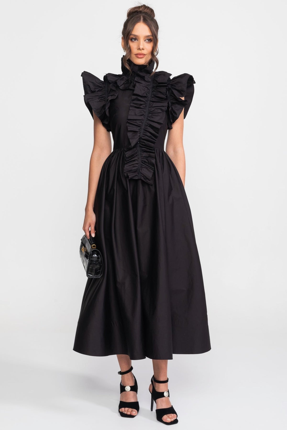 High-Neck Maxi Dress With Dramatic Ruffle Bib Front - Black