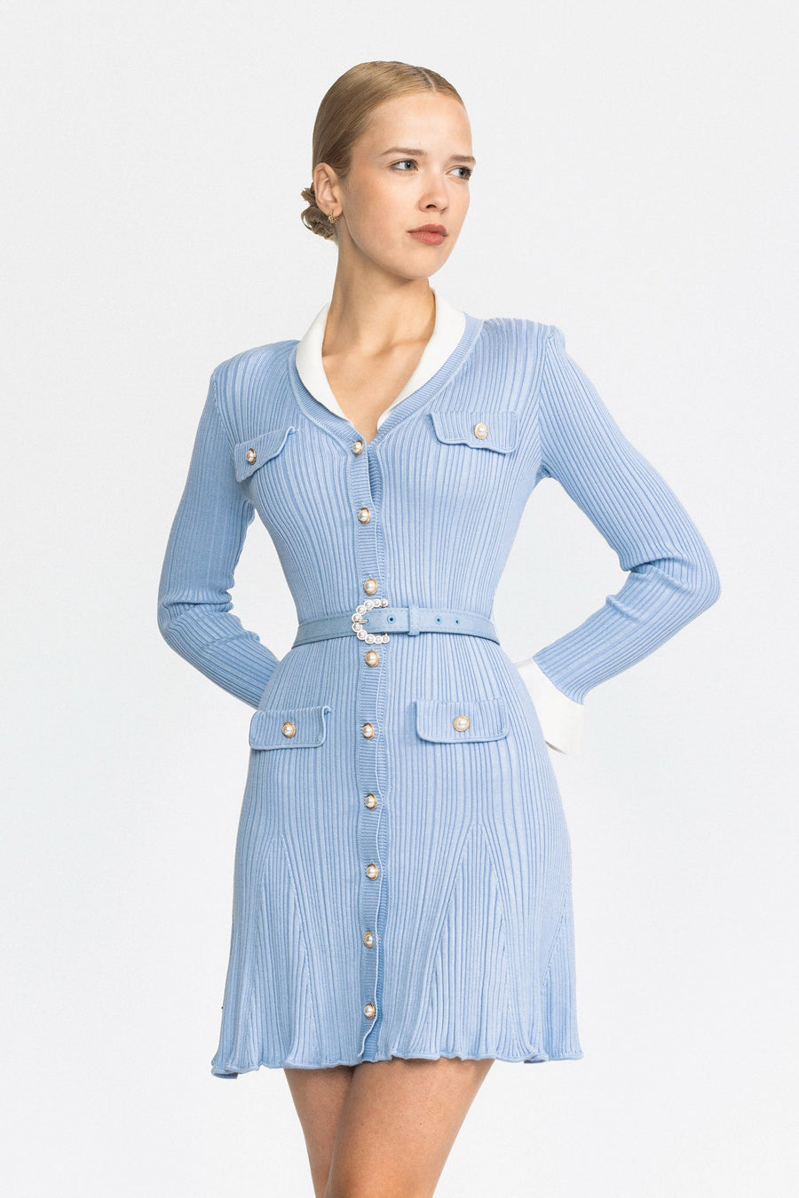 Delphine Ribbed Knit Pearl Button Belted Mini Dress - Light Blue