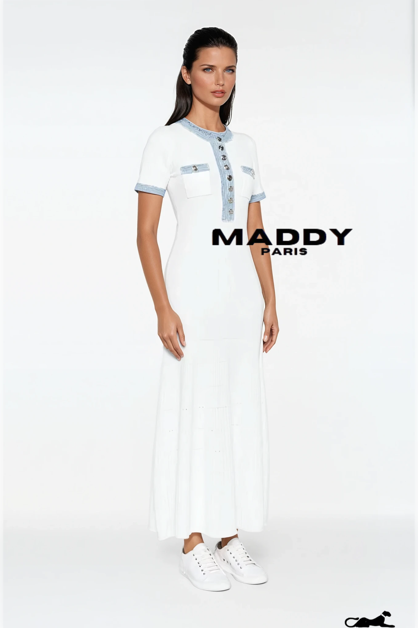 Sandro DENIM-TRIM KNITTED MAXI DRESS - WHITE