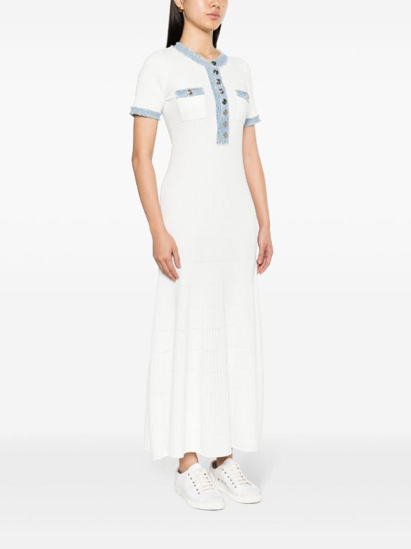 SANDRO DENIM-TRIM KNITTED MAXI DRESS - WHITE