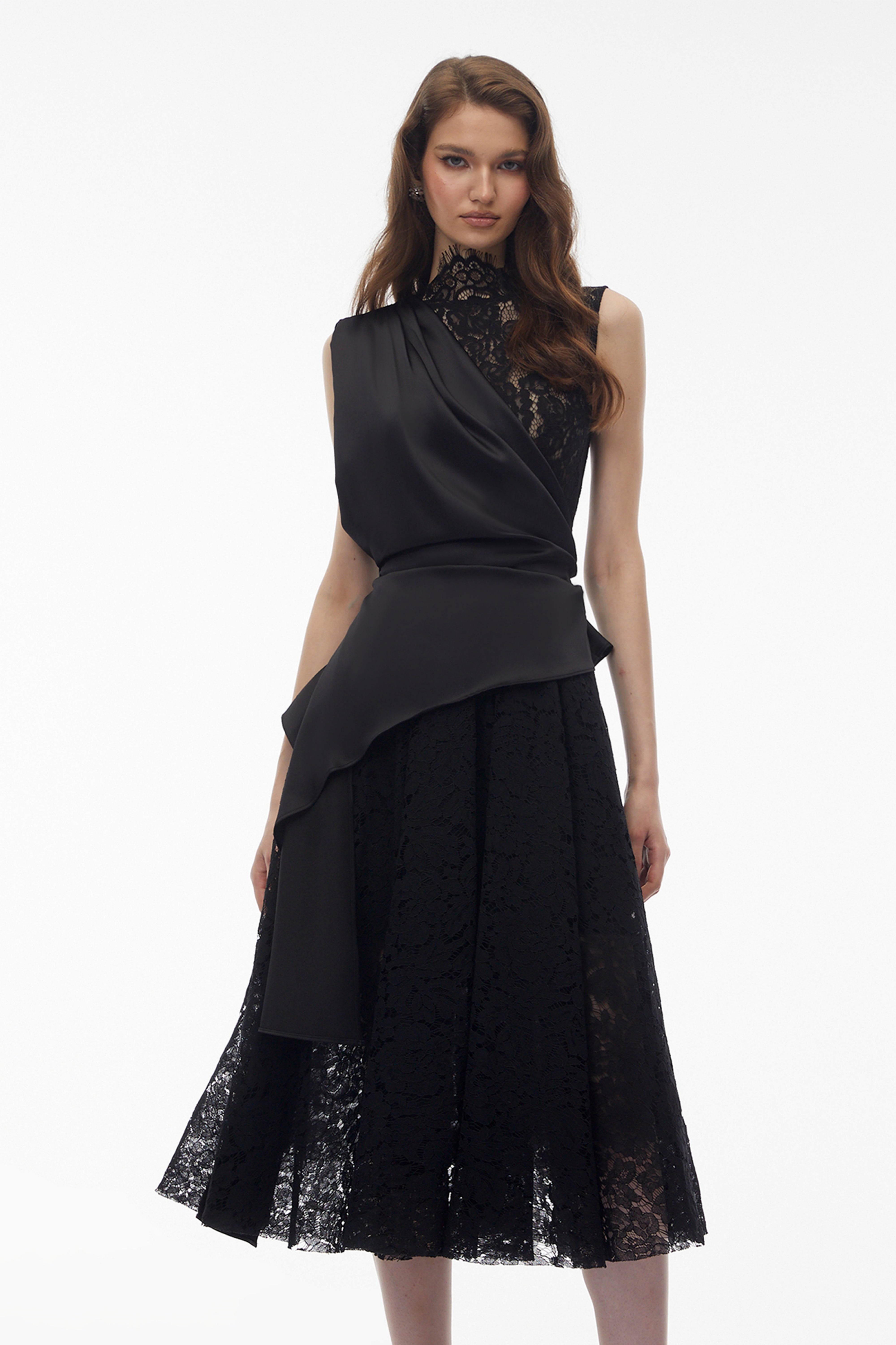 Bastet Black Floral Lace Pleated Maxi Dress