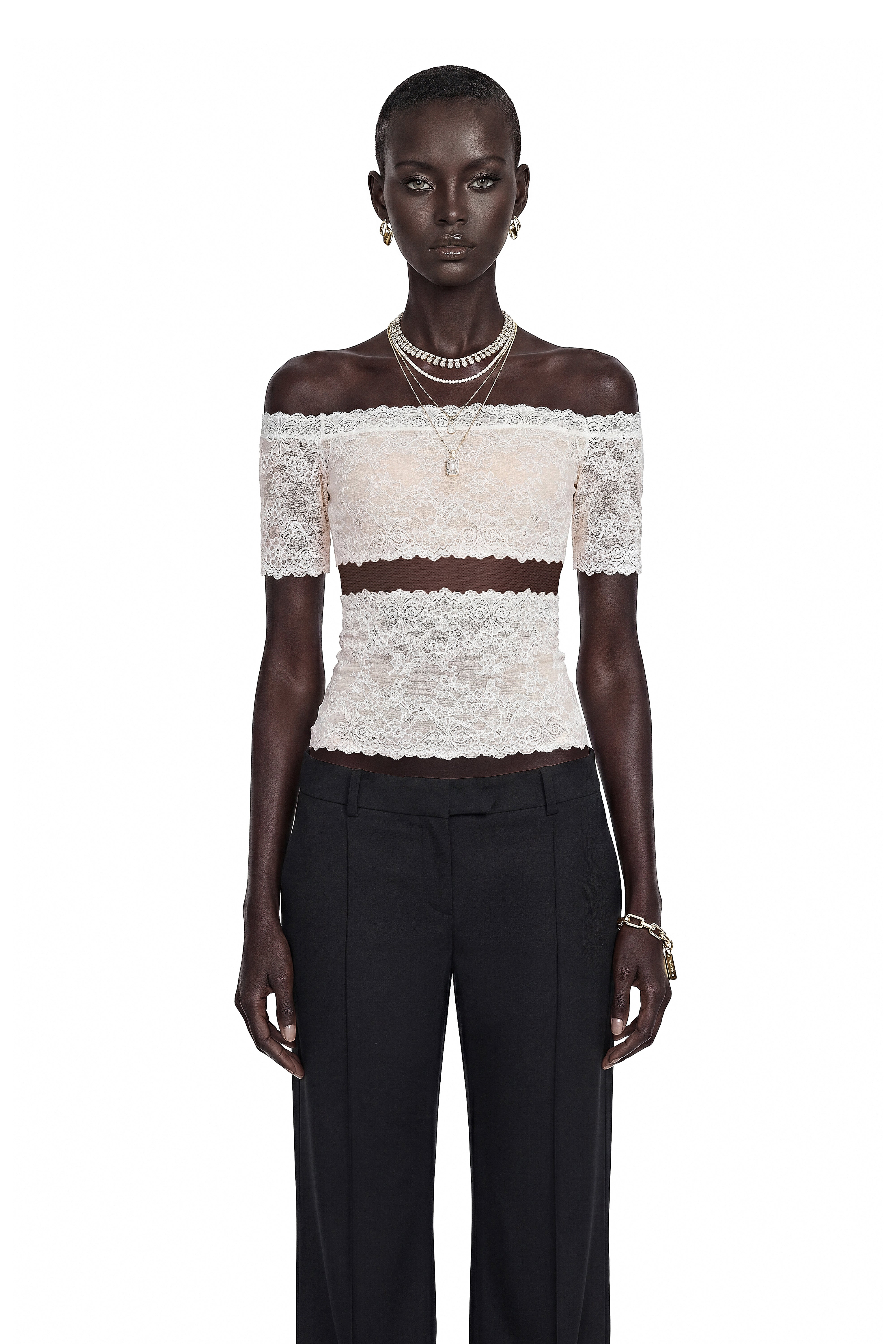 Blair White Lace Off-Shoulder Neckline Short Sleeve Top