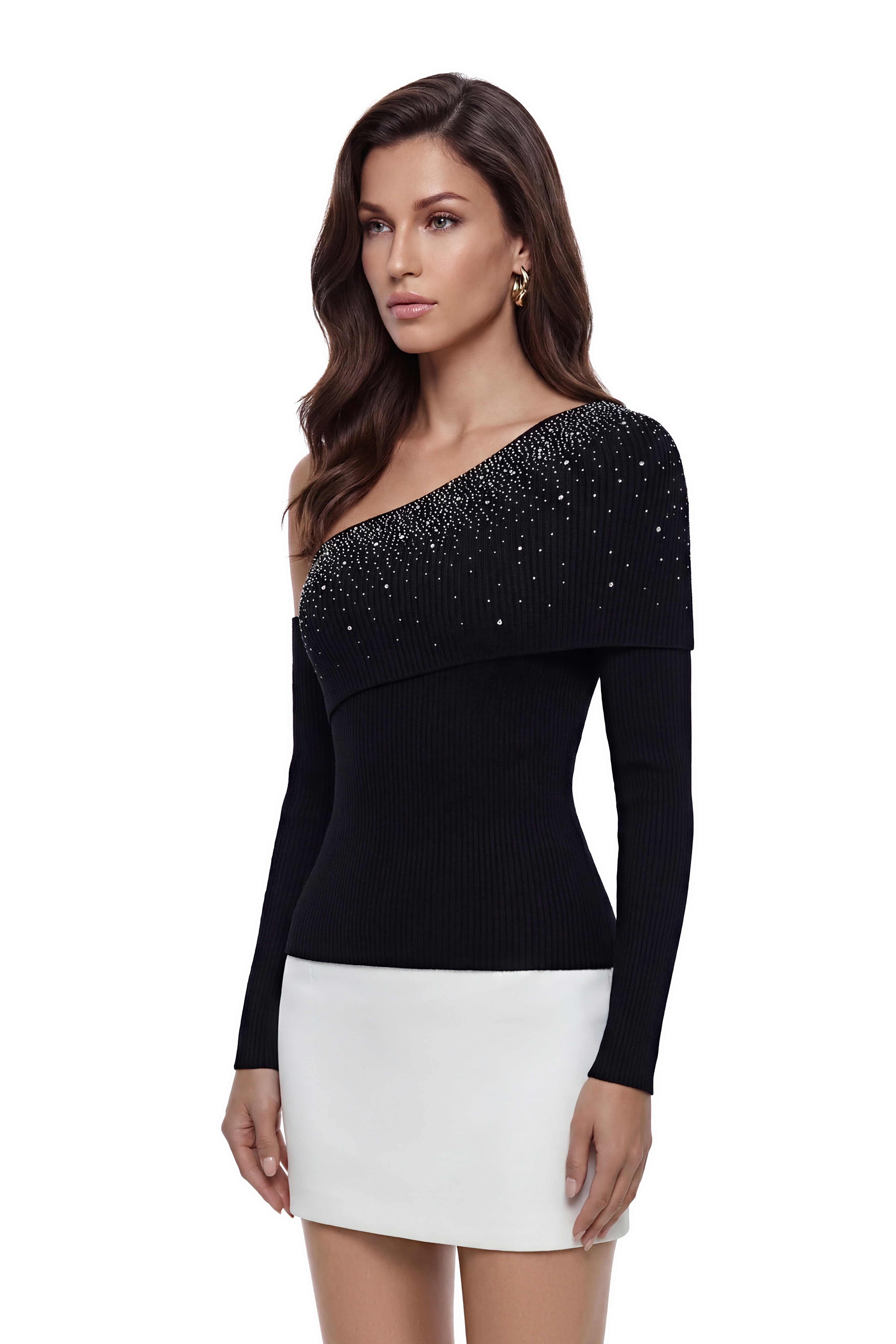 Berenice Black One Shoulder Stretch Knit Top